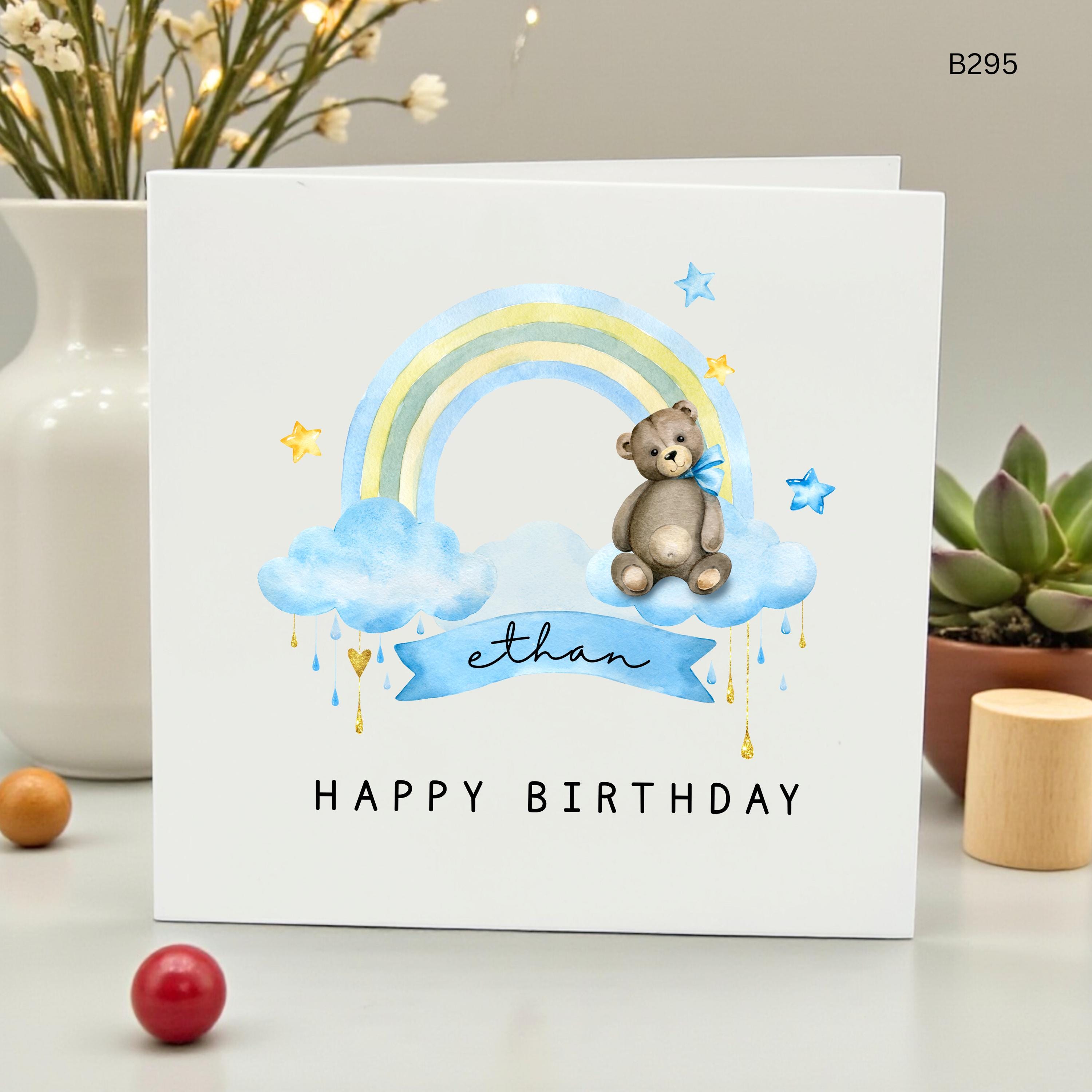 Personalized Birthday Card for Boys, Custom Name Ethan Birthday Card, Blue Rainbow Teddy Bear Card, Kids 1st Birthday, Cute Watercolor Card