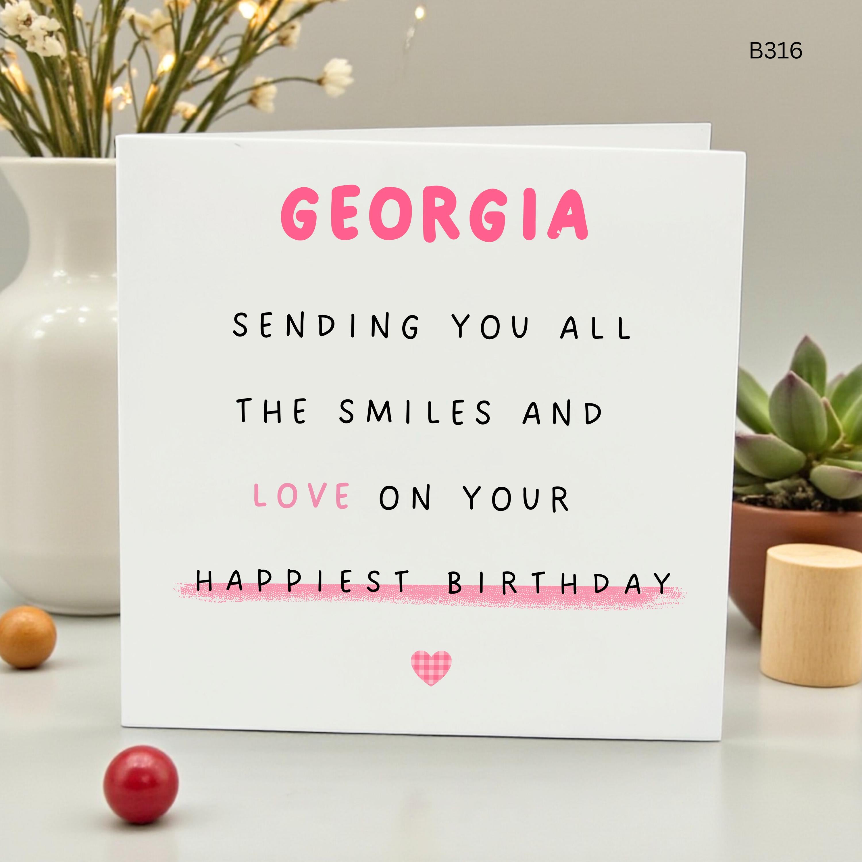 Personalized Birthday Card for Georgia, Custom Name Birthday Card, Sending Smiles and Love Greeting Card, Cute Pink Birthday Card for Her