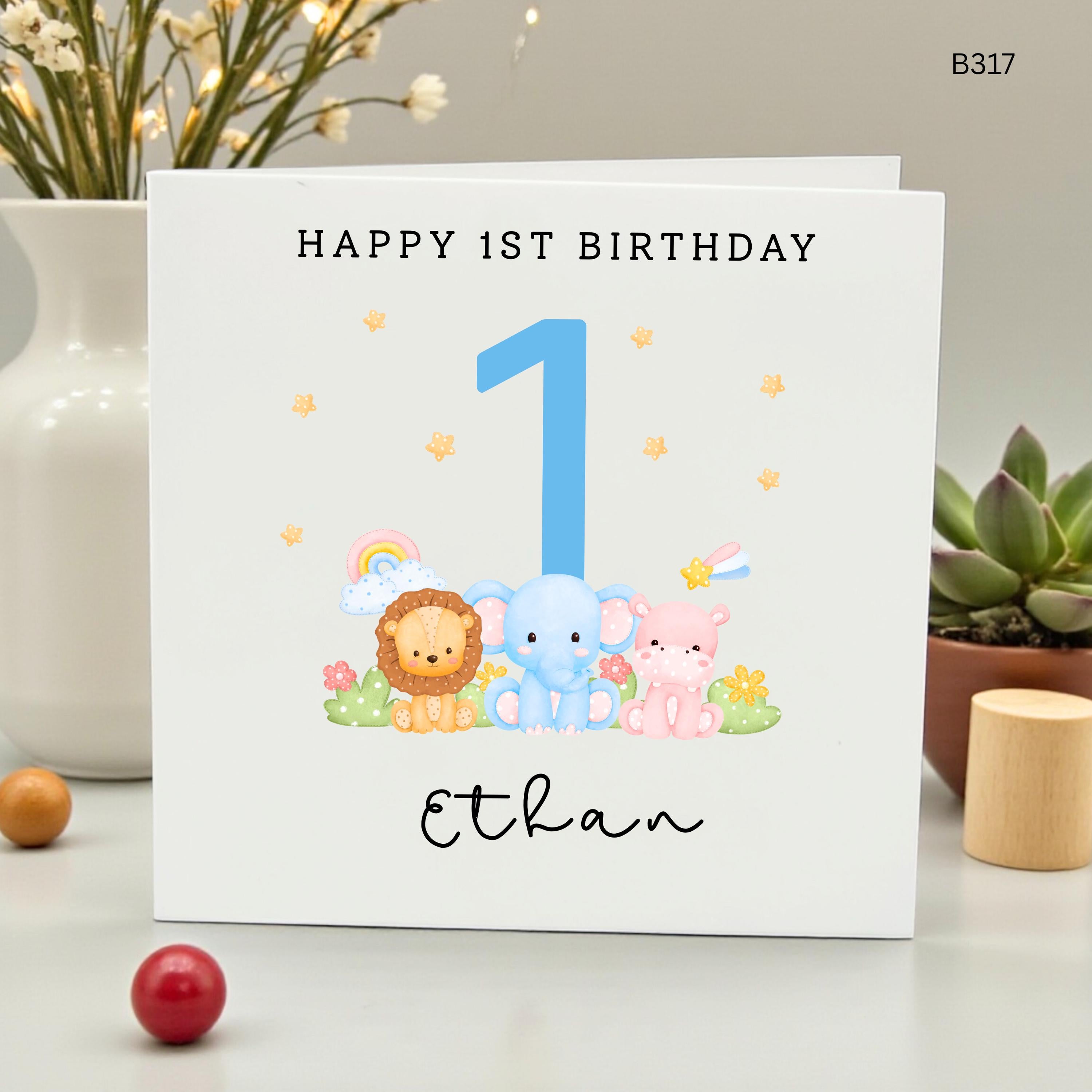 Personalized Happy 1st Birthday Card for Ethan, Safari Animals First Birthday Card, Blue Age 1 Greeting Card, Custom Name Baby Boy Card