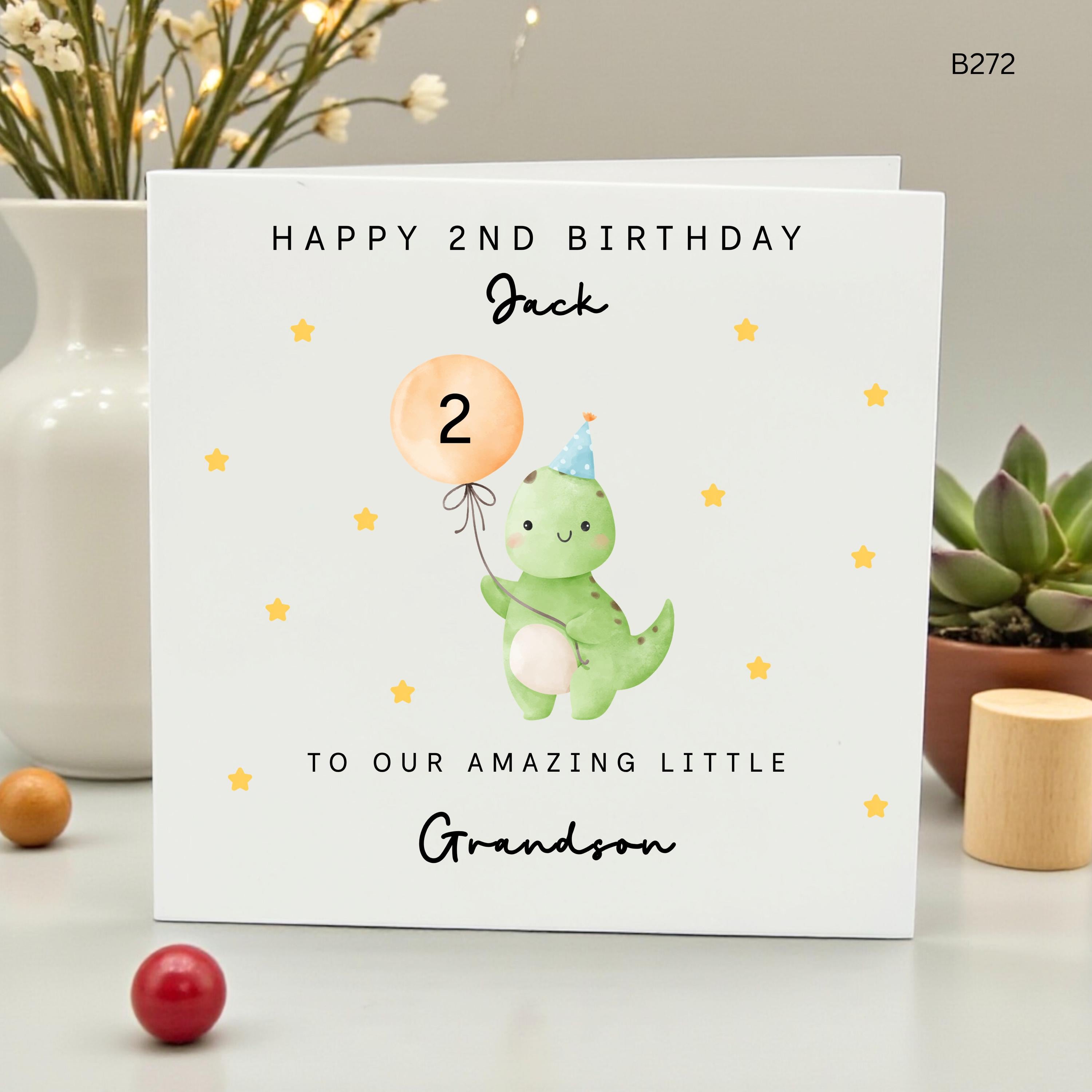 Personalized 2nd Birthday Card for Grandson, Custom Name Happy Second Birthday, Cute Dinosaur with Balloon for Son Nephew Toddler Boy, Age 2
