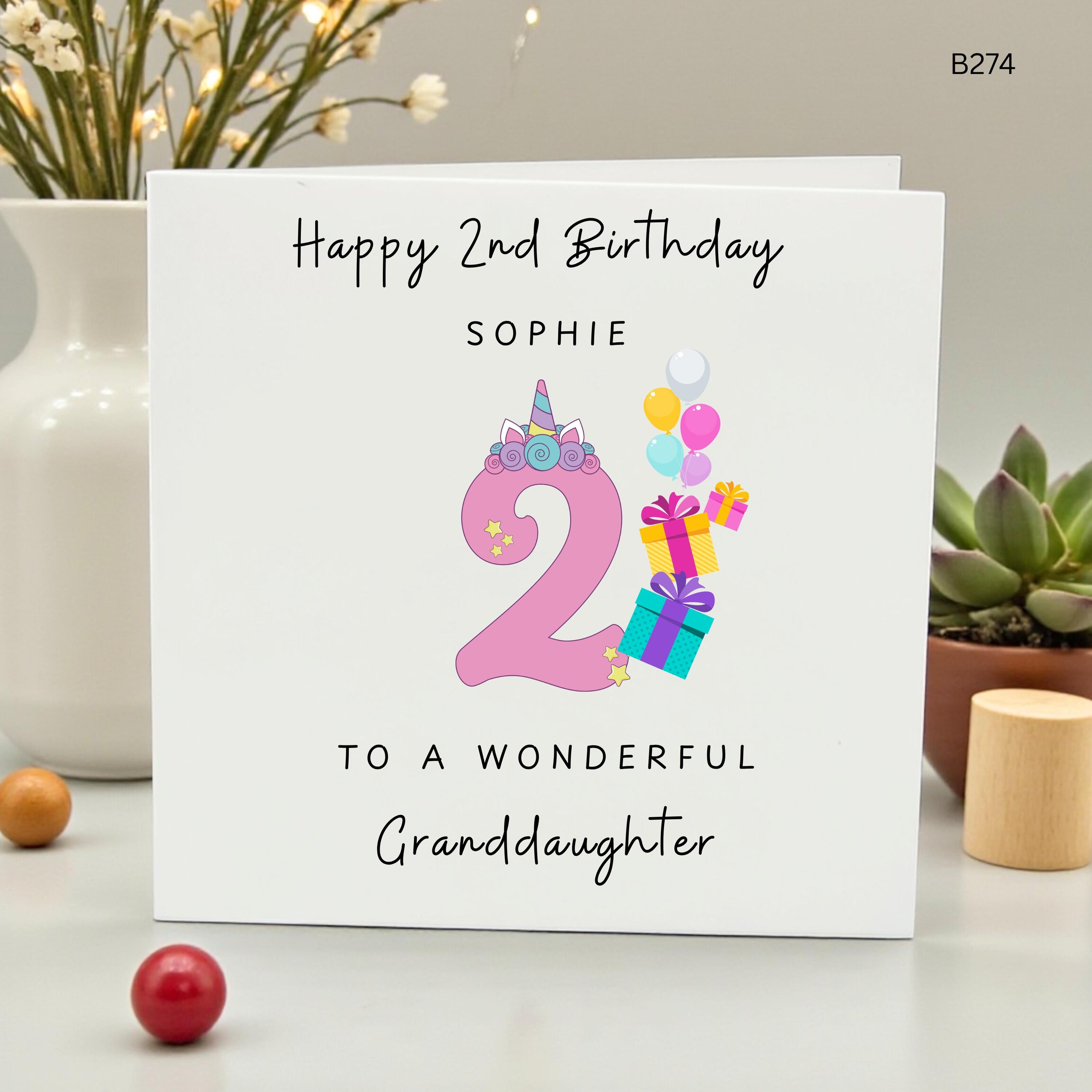 Personalized 2nd Birthday Card for Granddaughter, Custom Unicorn Birthday Card for Girl, Happy Second Birthday Sophie, Daughter Niece Card