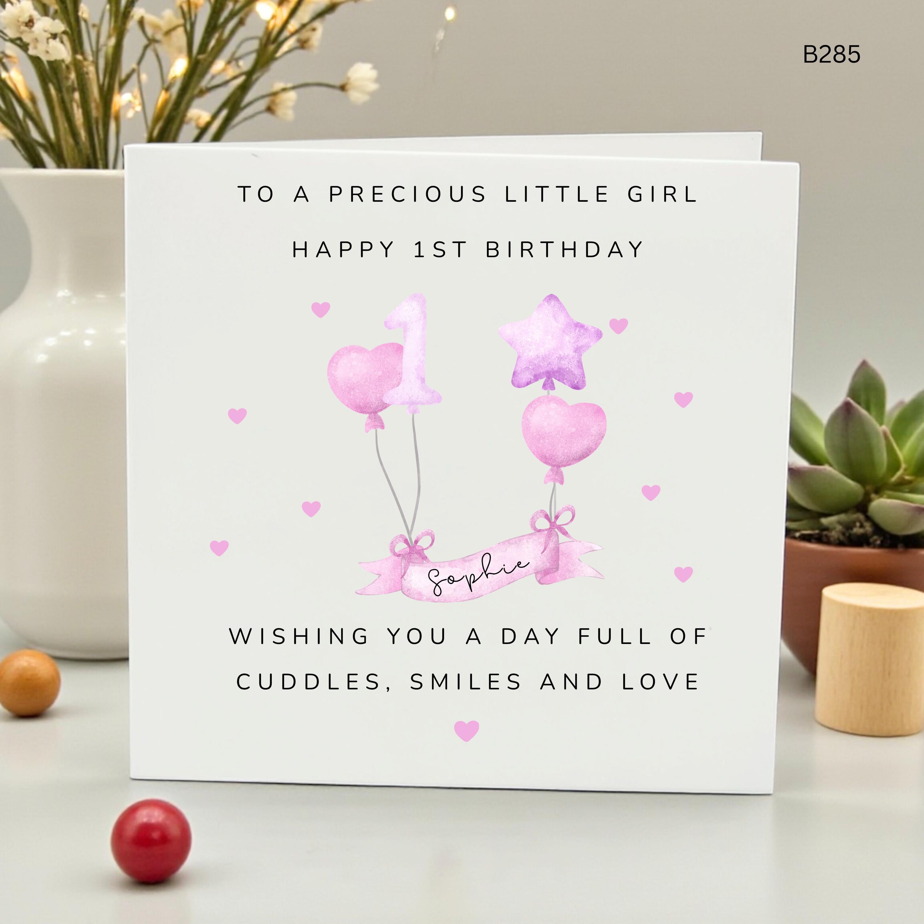 Personalized 1st Birthday Card for Girl, Precious Little Girl First Birthday Gift with Name, Pink Watercolor Balloon Card for Sophie,
