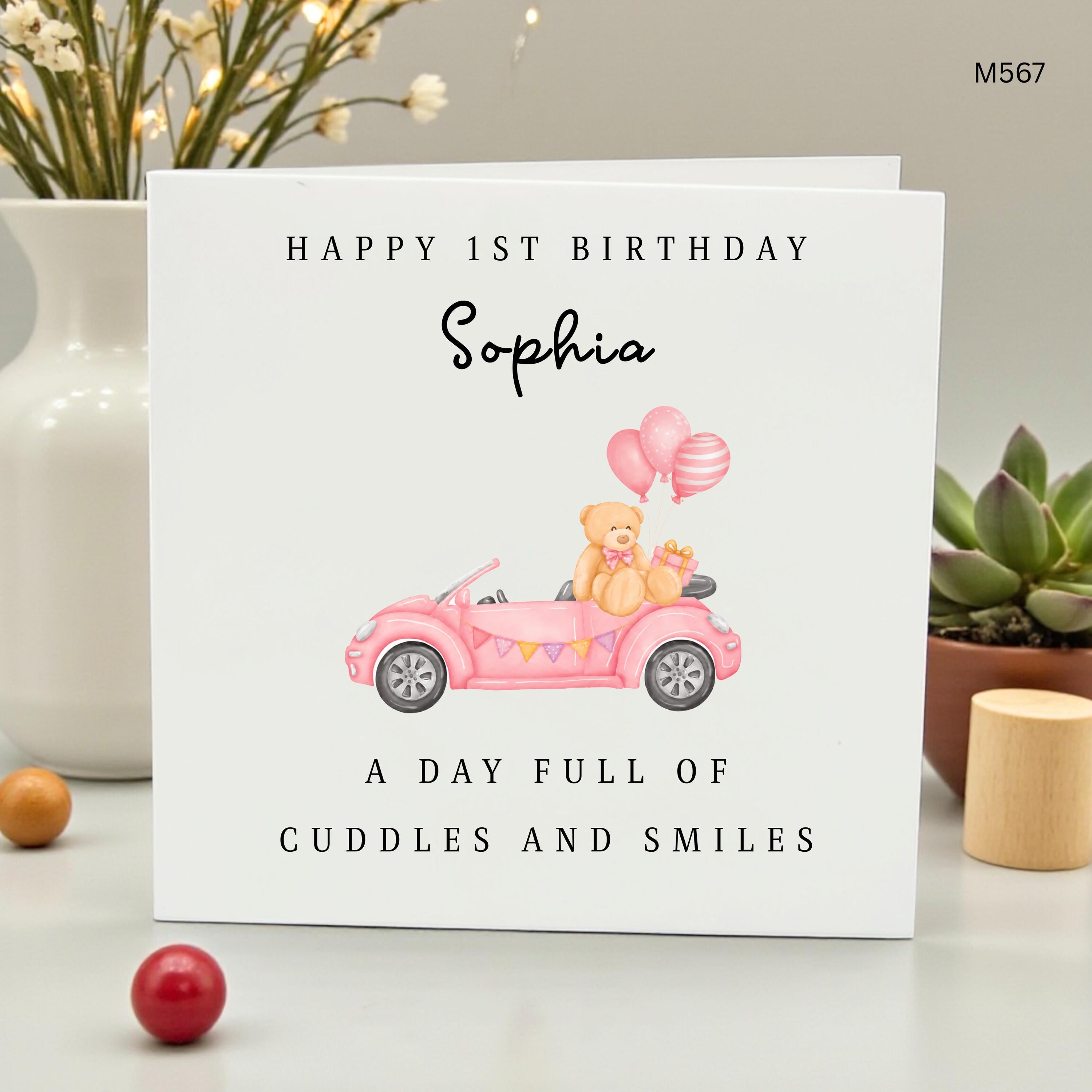 Personalized 1st Birthday Card for Girl, Pink Car Bear Birthday Gift, Daughter Granddaughter First Birthday, Special Keepsake Card, Sophia