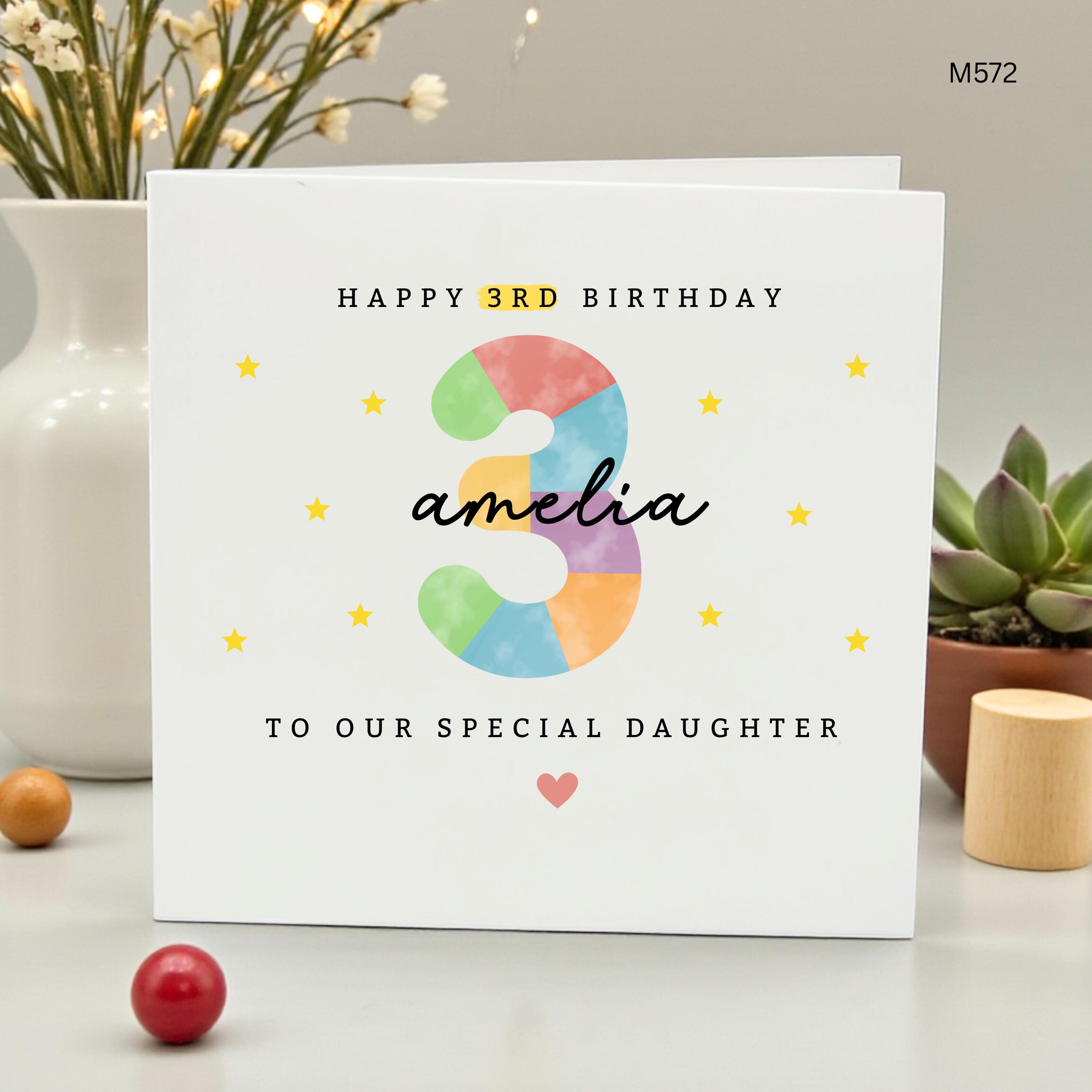 Personalized 3rd Birthday Card for Daughter, Colorful Number Three Card for Girl, Custom Name Age 3 Birthday Card, Special Amelia Gift Card