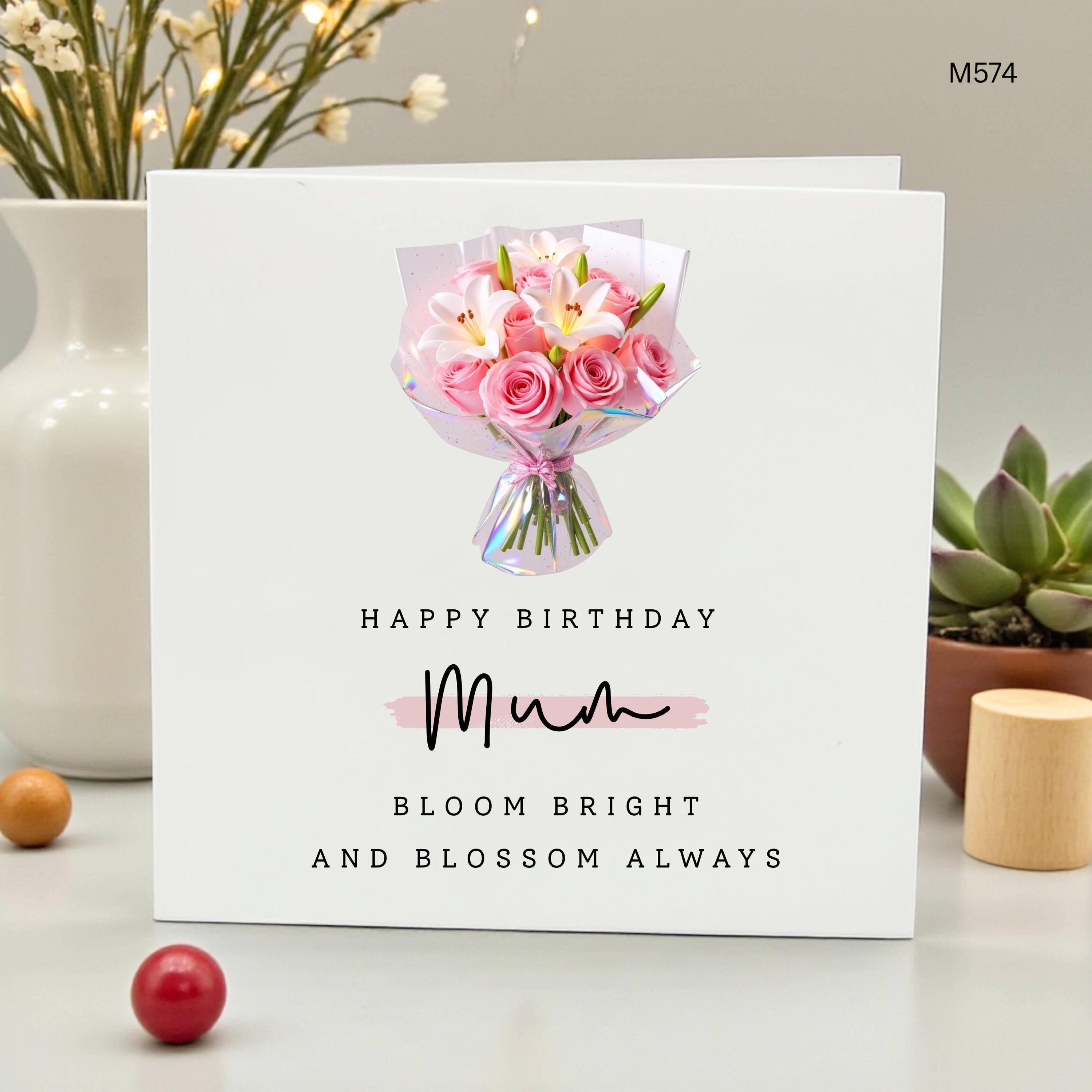 Personalized Birthday Card for Mum, Floral Bouquet Birthday Card, Happy Birthday Mom Custom Name Card, Pink Rose Lily Bloom Bright Gift