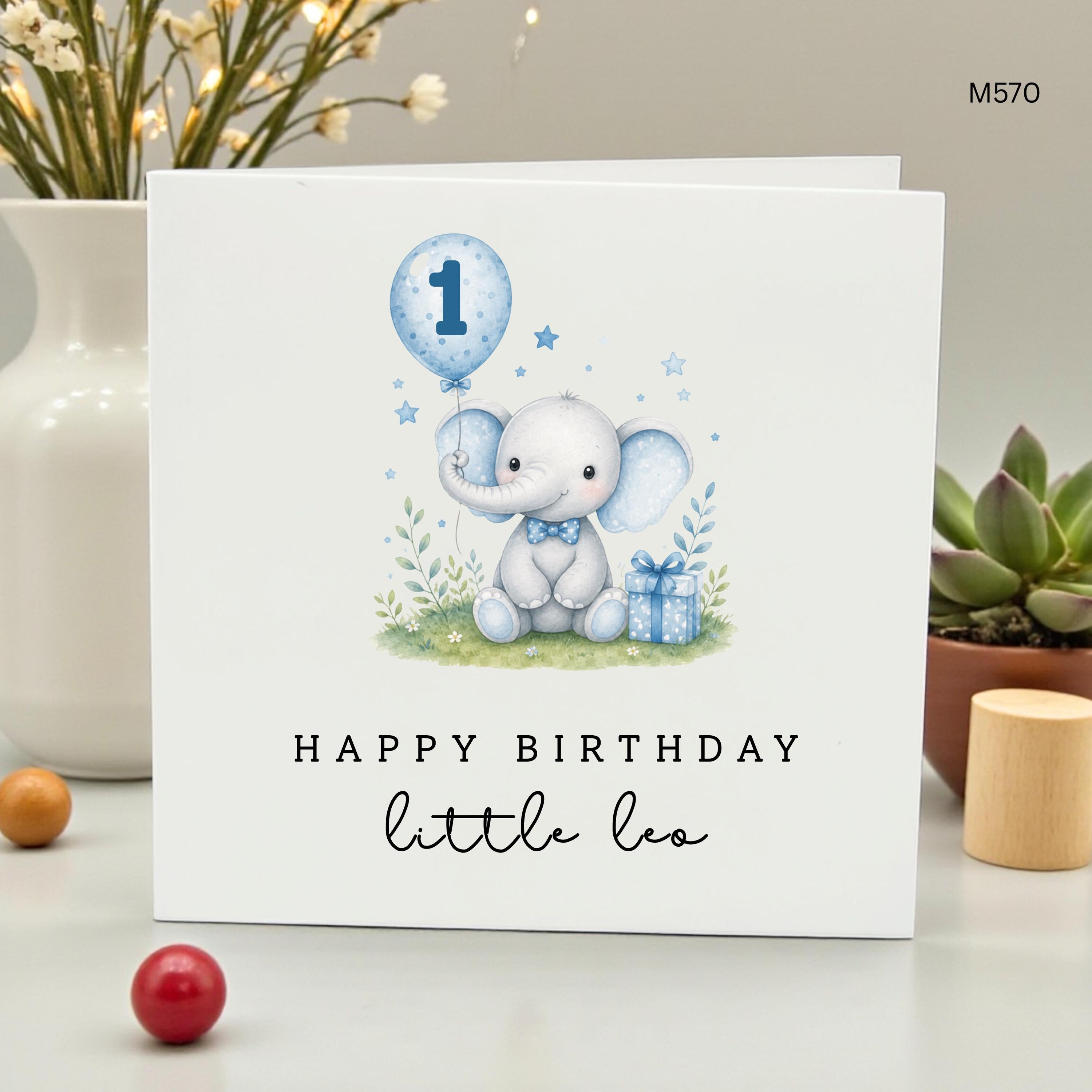 Personalized 1st Birthday Card for Boy, Custom Name Elephant Birthday Card, Blue First Birthday Card for Son, Grandson, Nephew Little Leo