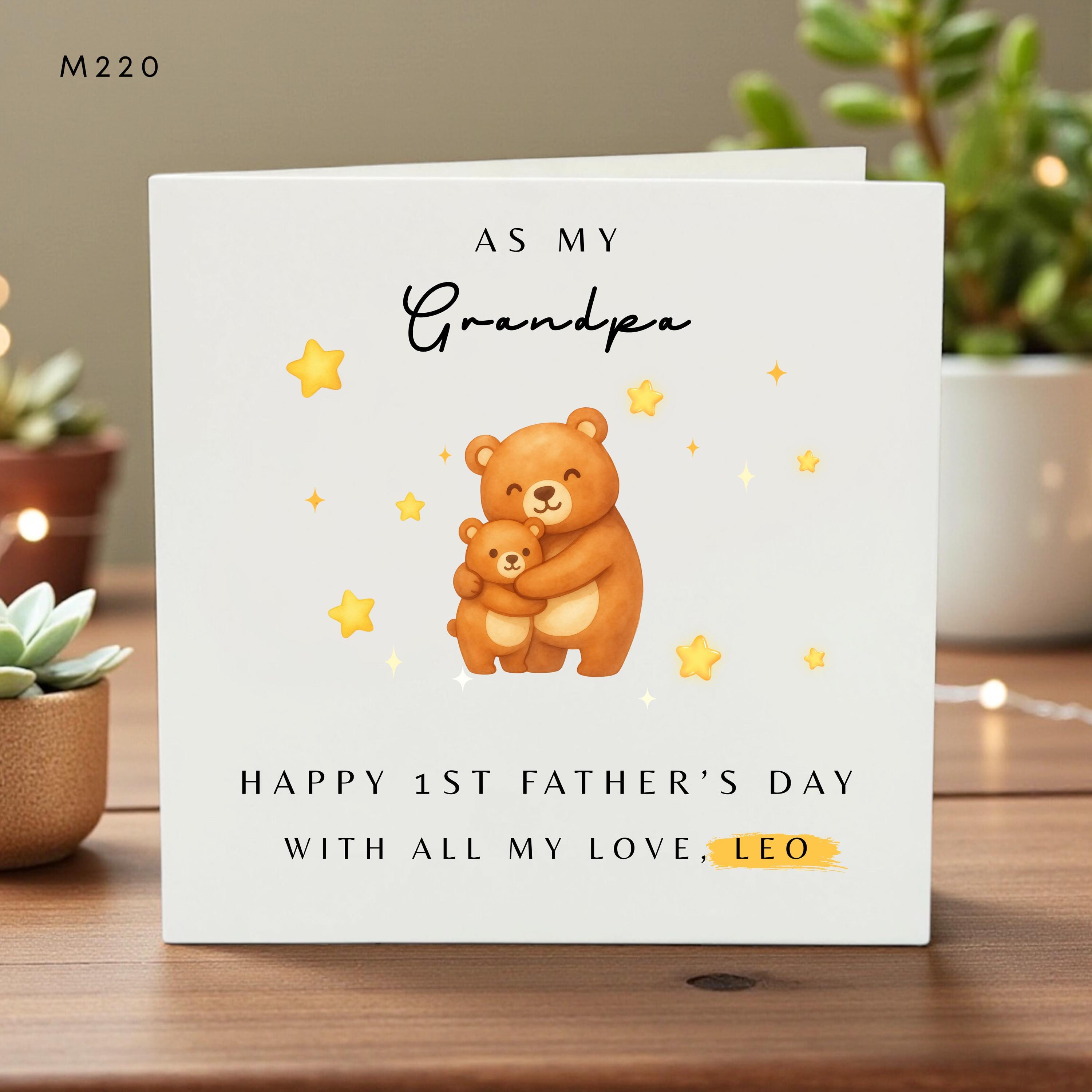Personalized First Father’s Day Card for Grandpa, Cute Bear Hug Design, Custom Name, Baby Gift, Grandad Keepsake from Child