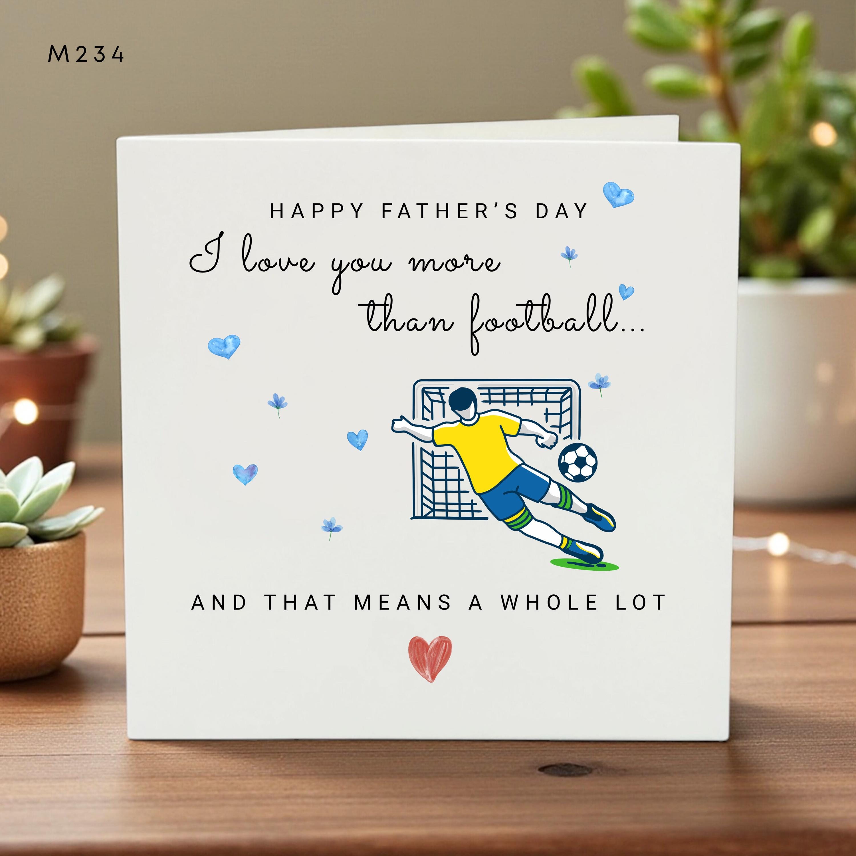 Personalized Happy Fathers Day Card for Daddy, I Love You More Than Football, Kids Names, Soccer Goal Design, Fun Sports Gift