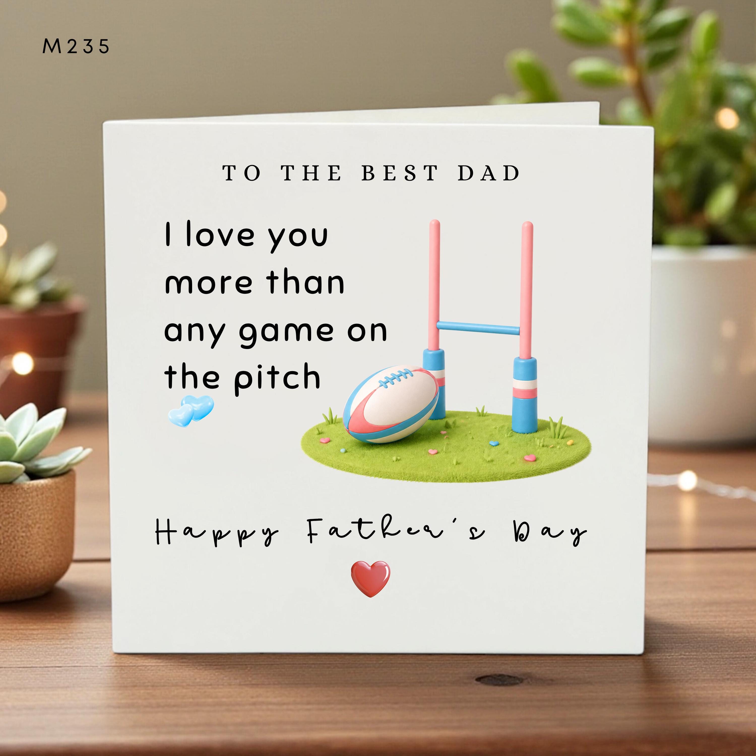 Personalized Happy Fathers Day Card for Dad, I Love You More Than Any Game on the Pitch, Custom Kids Names, Rugby Sports Gift
