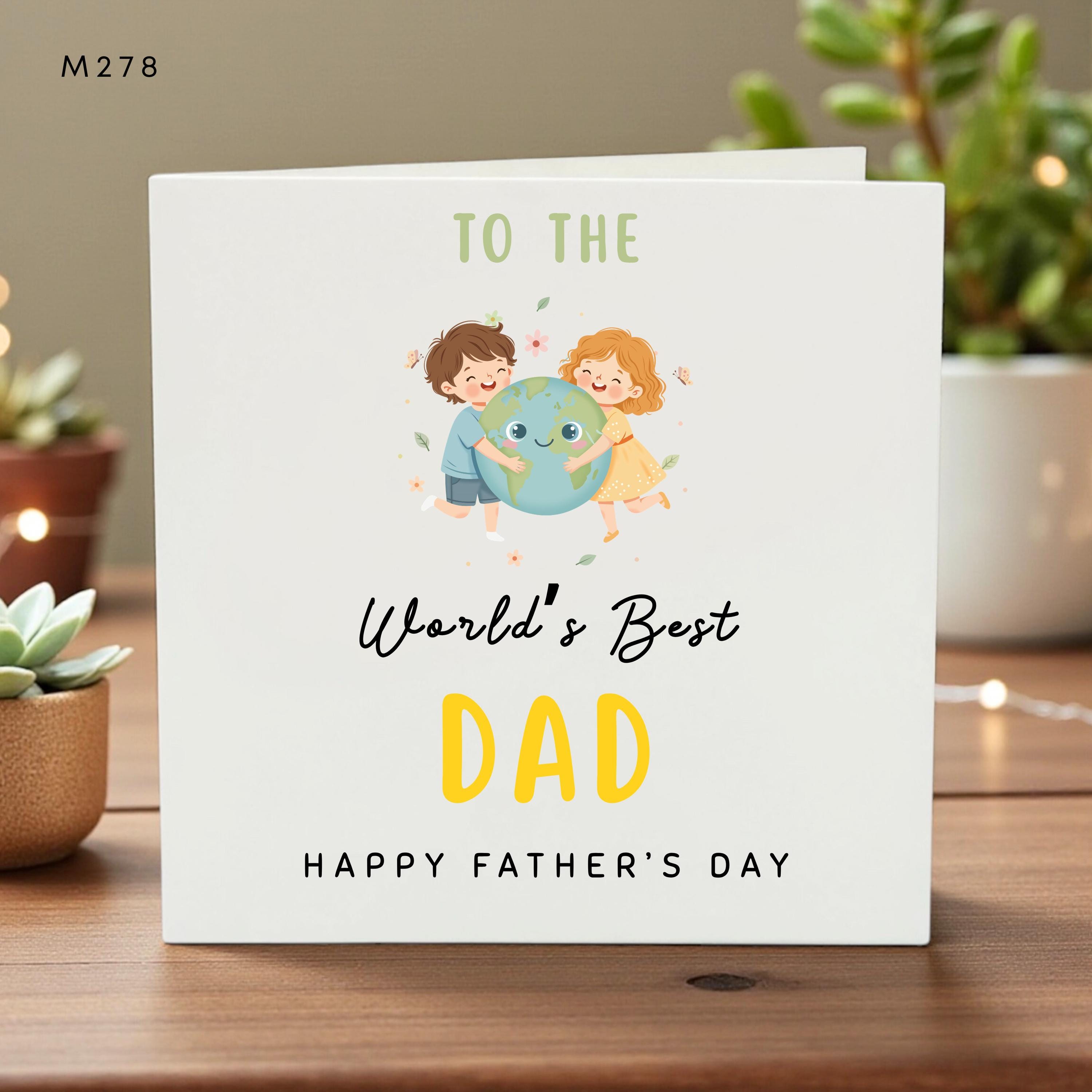 World’s Best Dad Card, Happy Father’s Day, Cute Kids Hug Earth Illustration, New Dad Gift, Fun Family Card, Love and Hugs