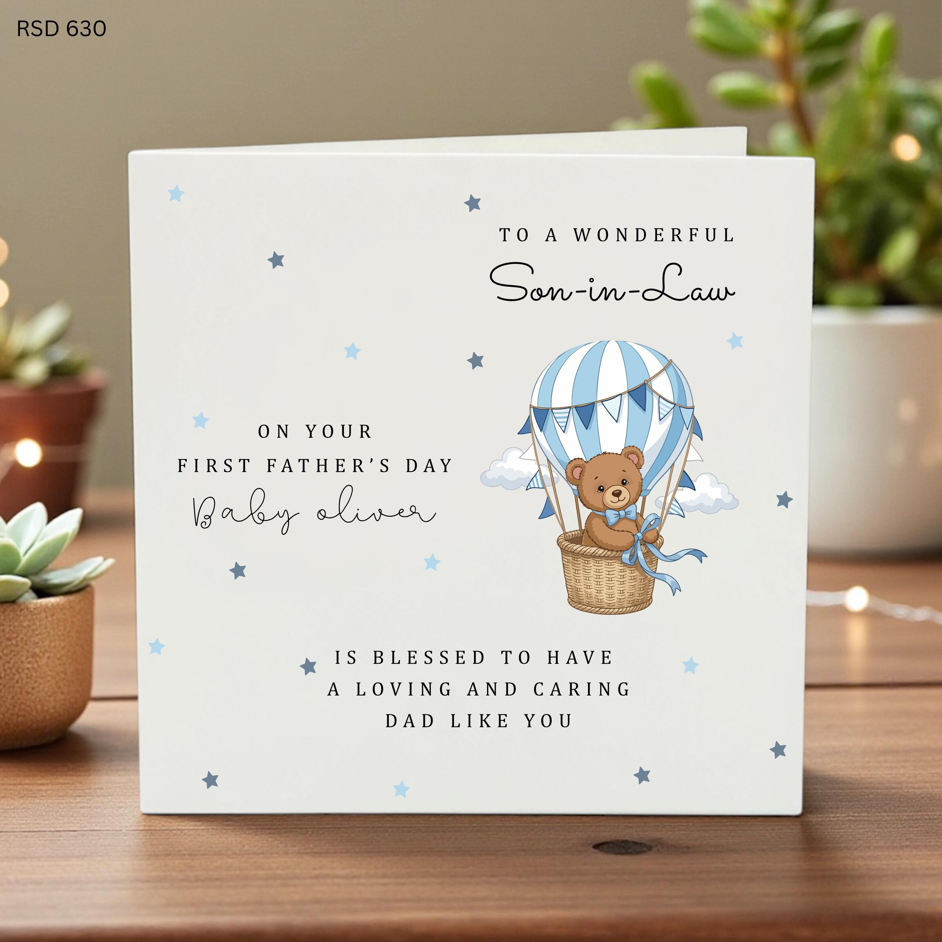Personalized First Father’s Day Card Son-in-Law Cute Teddy Balloon Baby Gift Custom Name from Child Keepsake Card Blue Animal Theme