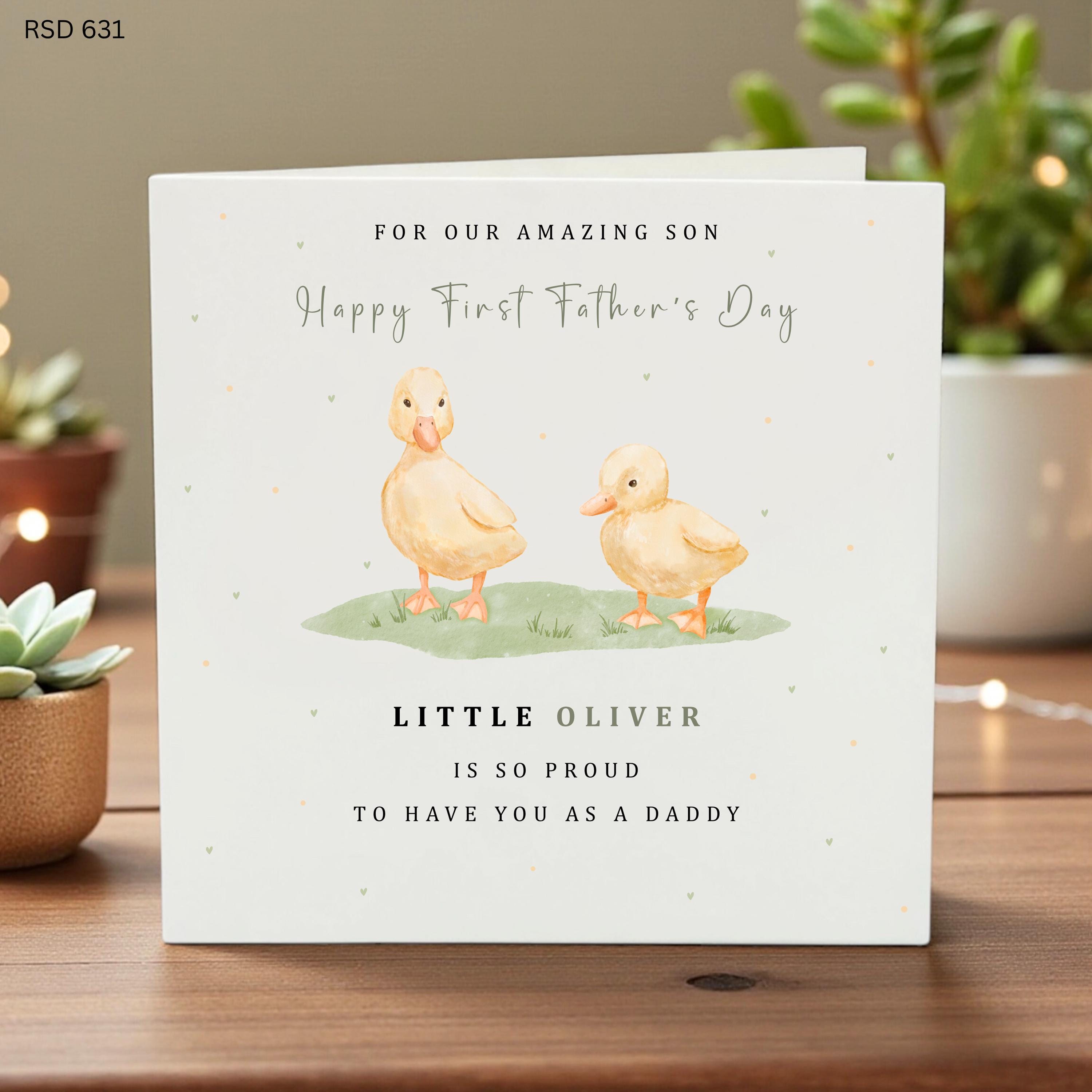 Personalized First Father’s Day Card for Son Cute Duckling Baby Gift Custom Name from Child Keepsake Card Animal Theme Green