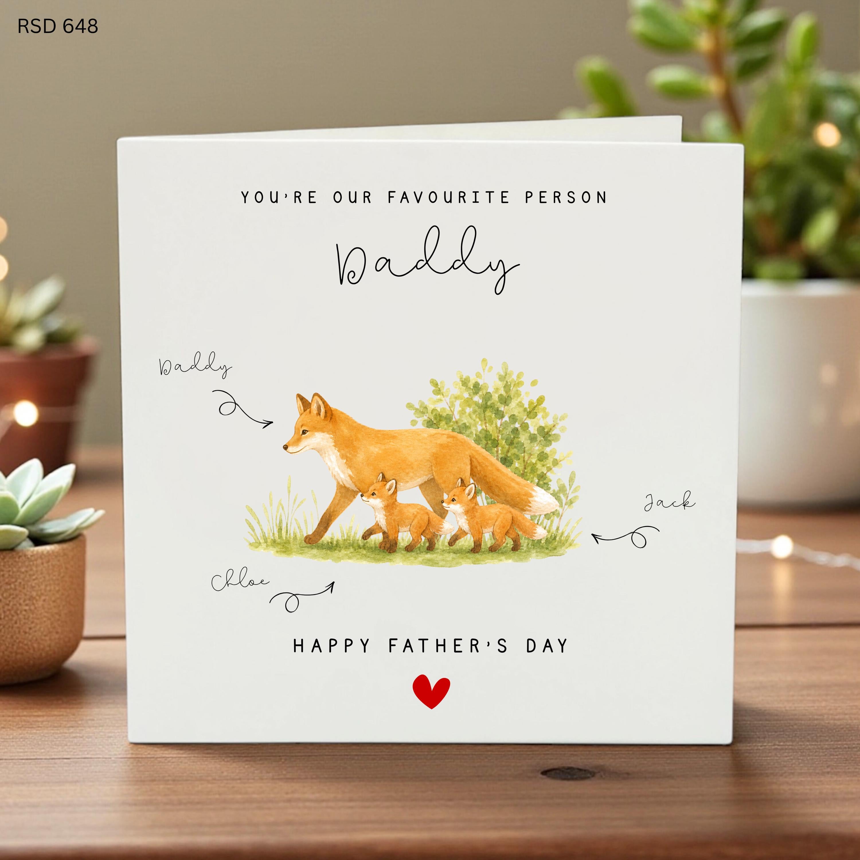 Favourite Person Daddy Father's Day Card, Personalized Kids Gift, Custom Names, Cute Fox Family, Love from Children, Unique Dad Card