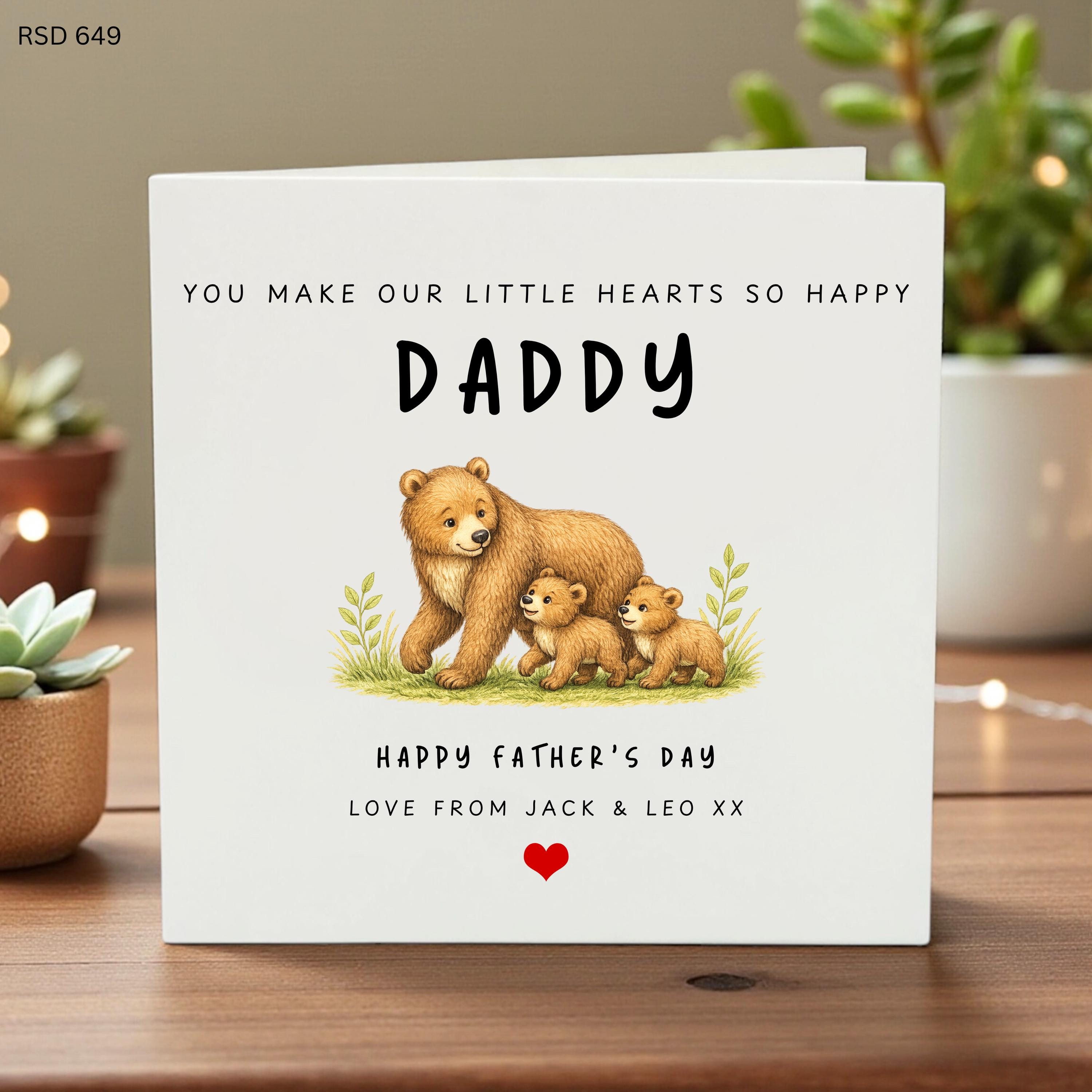Personalized Father’s Day Card for Dad, Cute Bear Family Design, Custom Names, Kids Love Card, Special Daddy Gift, Heartwarming Message