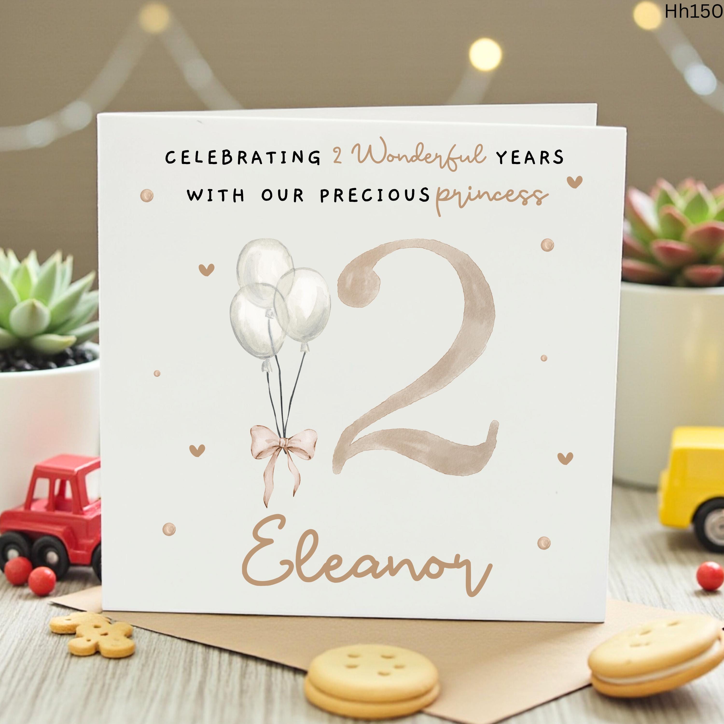 Personalized 2nd Birthday Card for Daughter Granddaughter, Custom Name Second Birthday Card Princess, Watercolor Minimalist Boho Card Girl