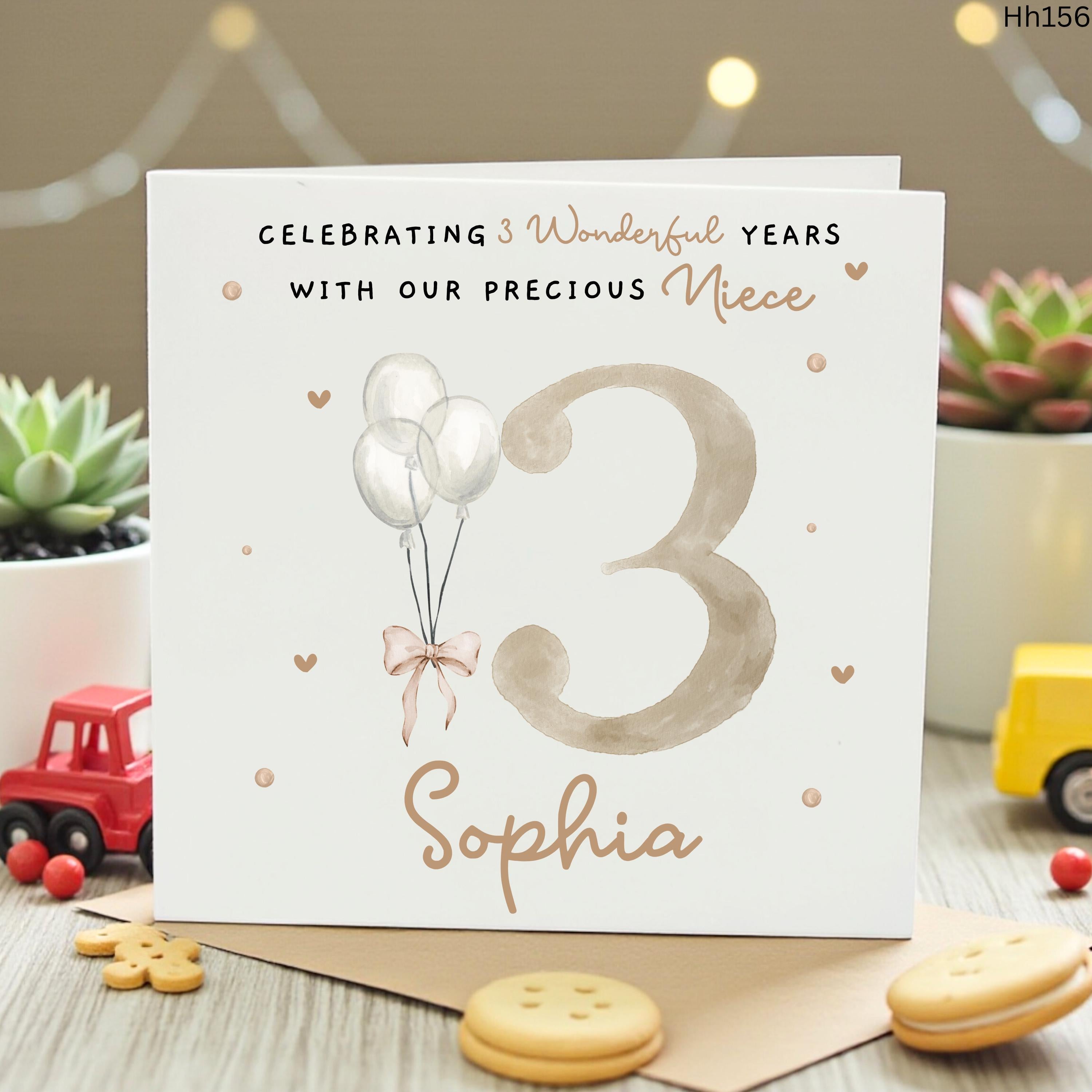 Personalized 3rd Birthday Card for Niece, Custom Name Third Birthday Card Princess, Watercolor Minimalist Boho Card Girl, Sophia Card