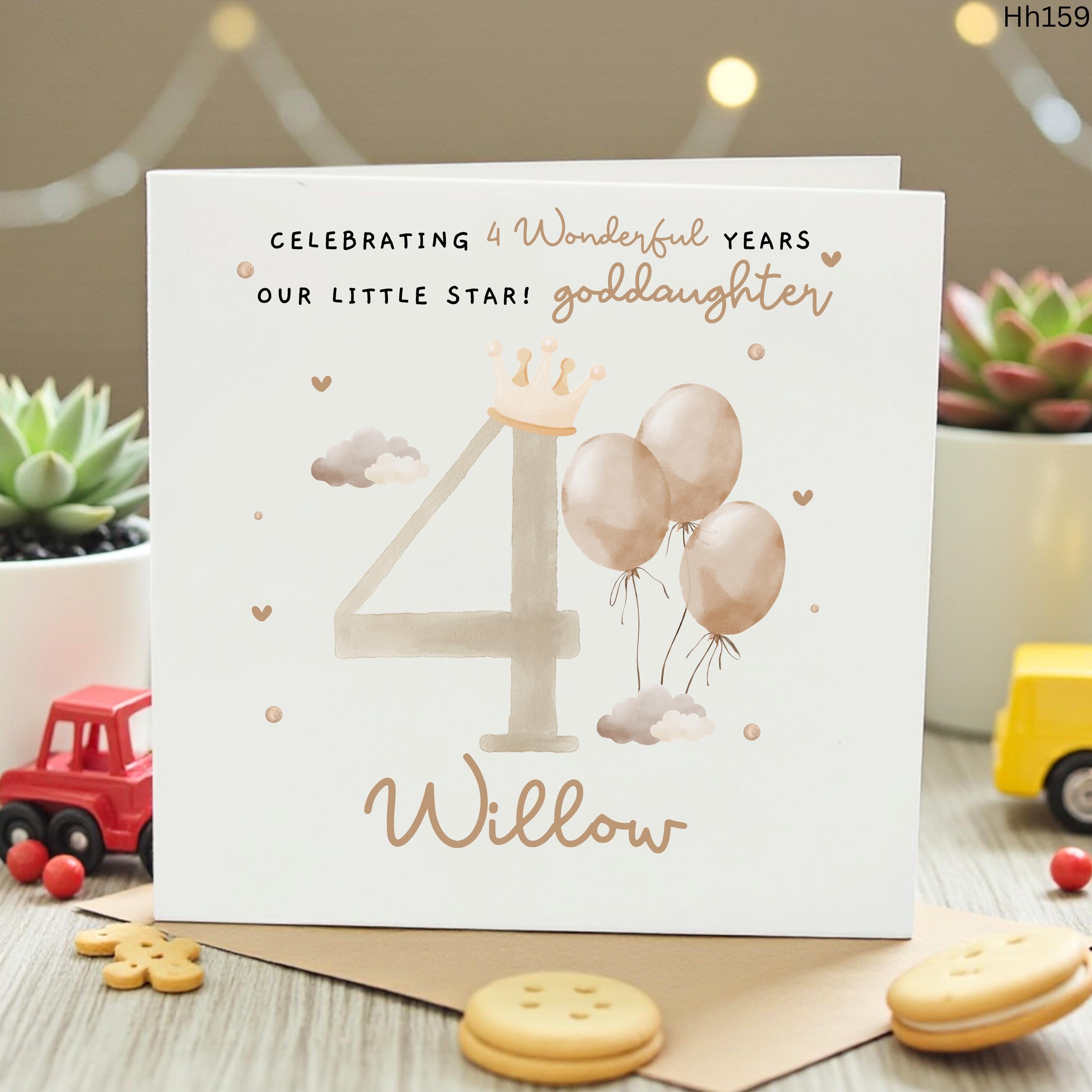 Personalized 4th Birthday Card Goddaughter, Custom Name Age 4 Card Girl, Watercolor Balloons Fourth Birthday Card, Card for Daughter Niece