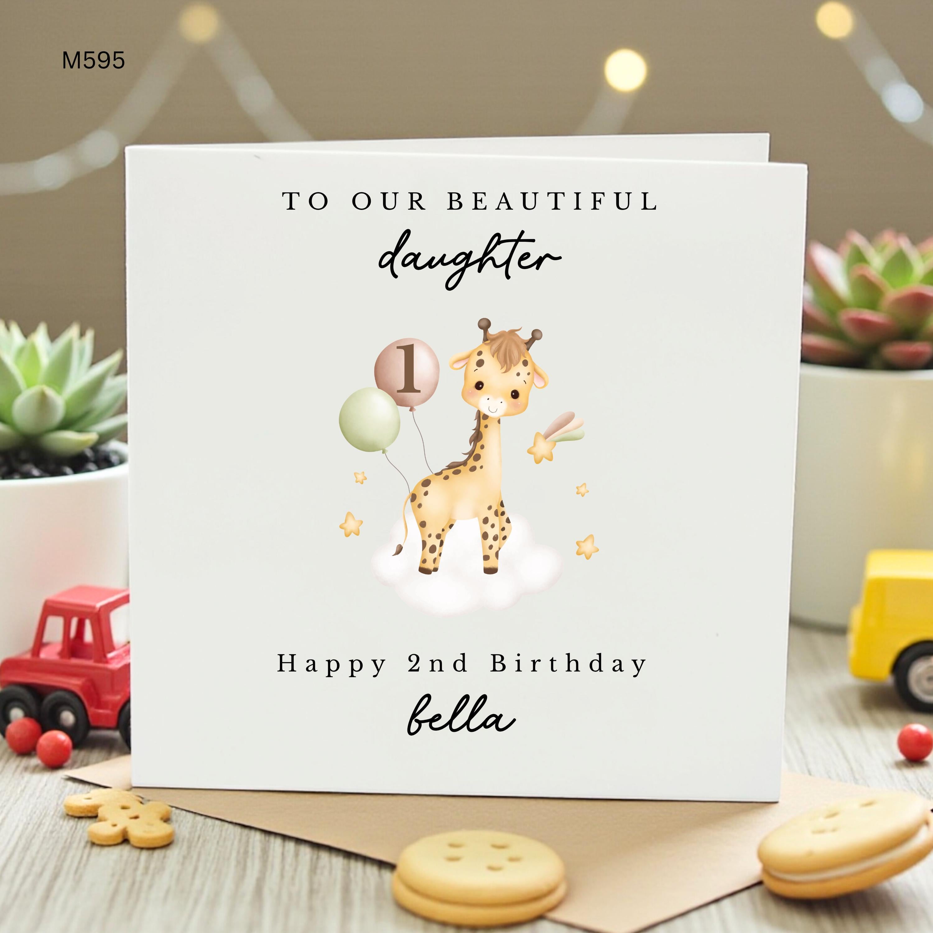 Personalized 2nd Birthday Card for Daughter Bella, Custom Second Birthday Card Cute Giraffe Safari, Girls Greeting Card Two Year Old Gift