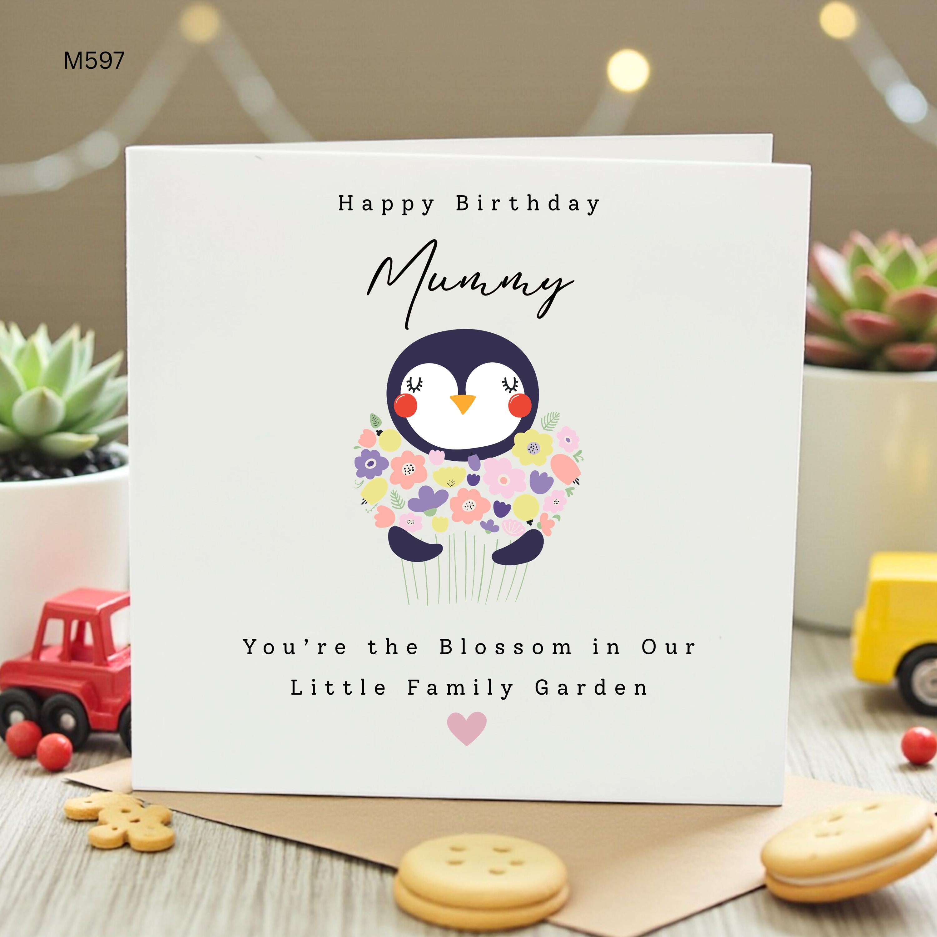 Happy Birthday Mummy Card, Cute Floral Penguin Greeting Card, You’re the Blossom in Our Little Family Garden, Sweet Gift for Mum