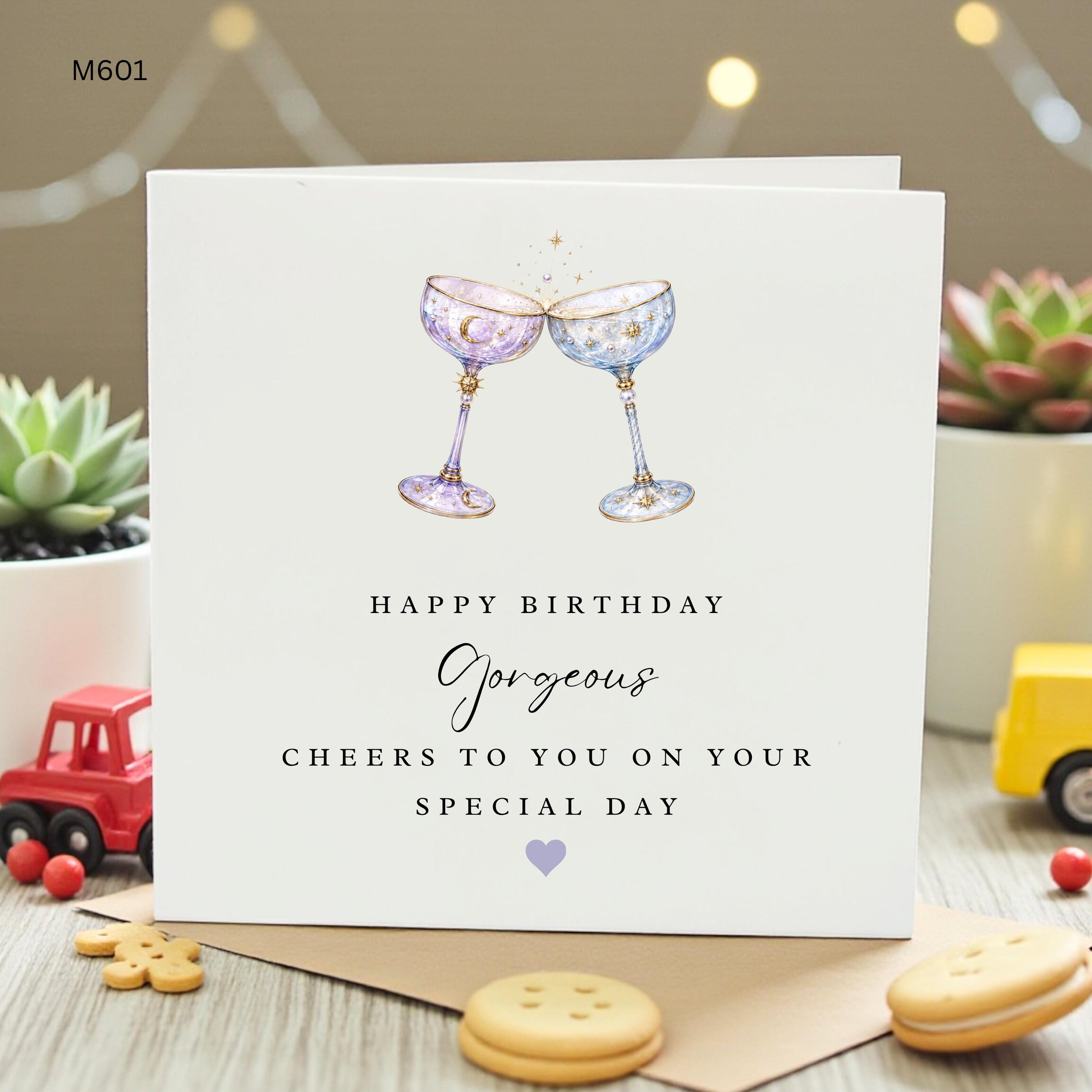 Happy Birthday Gorgeous Card, Elegant Celestial Champagne Glasses Greeting Card, Cheers to You on Your Special Day Gift for Her Friend