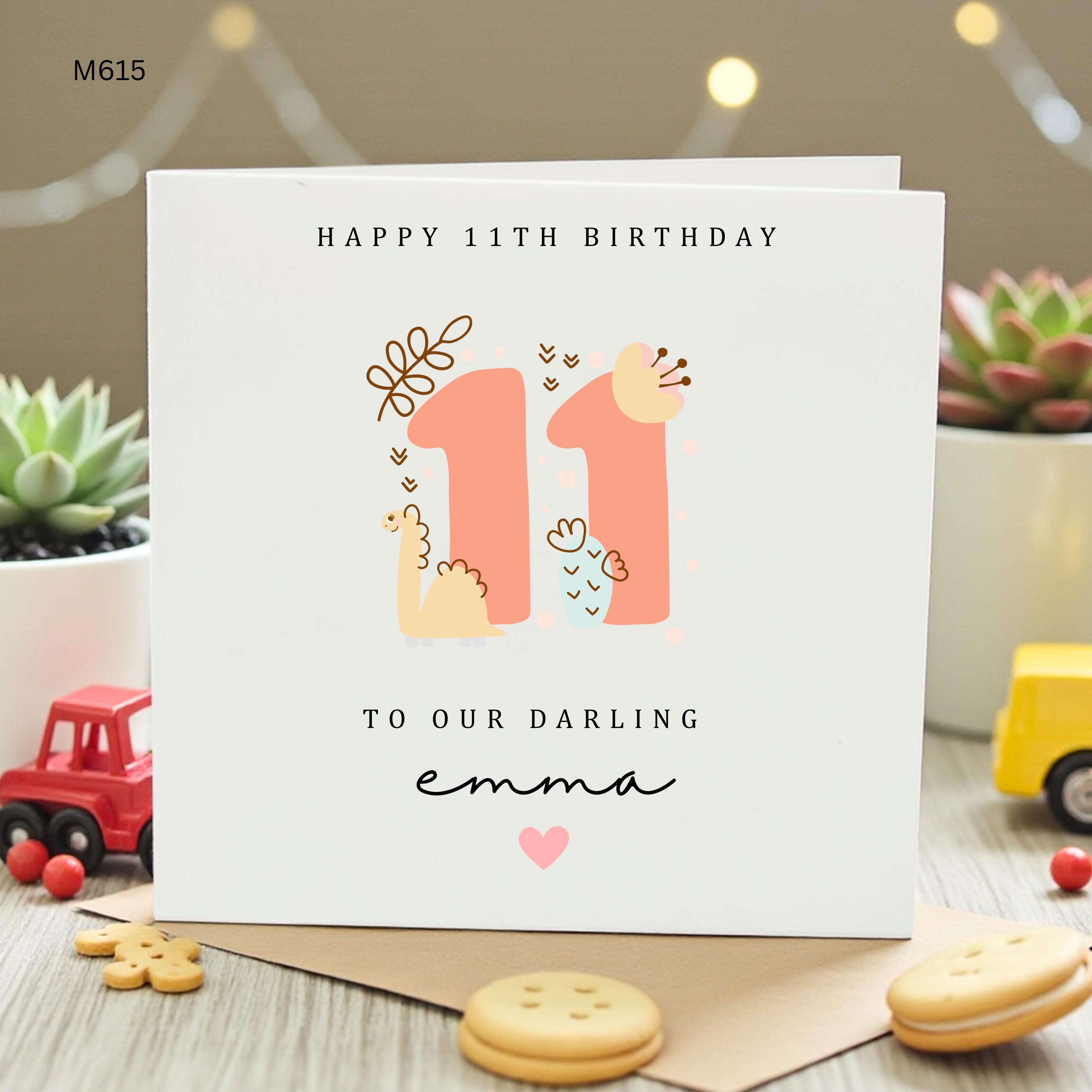 Personalized 11th Birthday Card for Girl, Cute Dinosaur Eleventh Birthday Card for Daughter Granddaughter, Custom Name Boho Girl Card