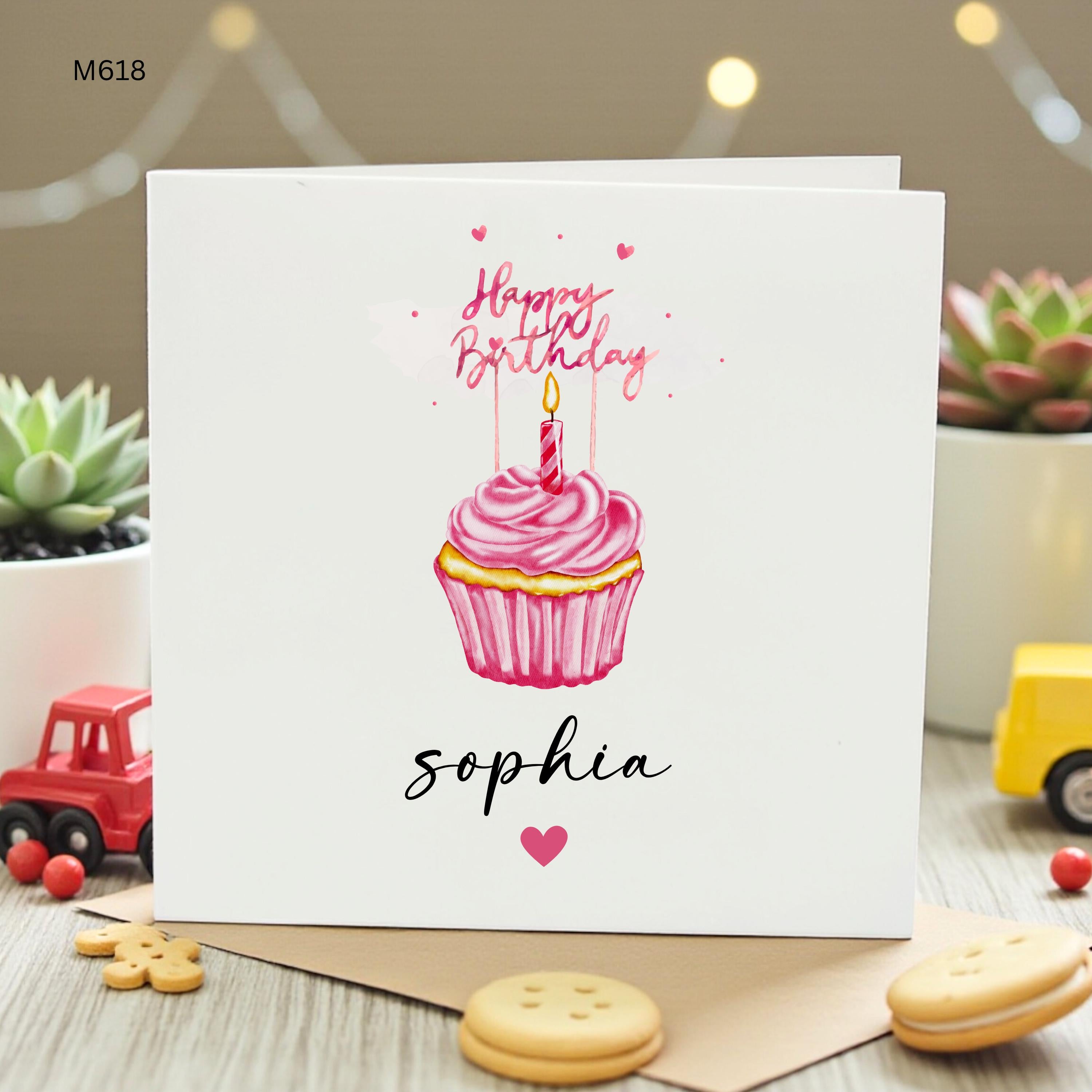 Personalized Birthday Card for Girl, Cute Pink Watercolor Cupcake Card for Daughter Sister Friend Her, Custom Name Happy Birthday Card