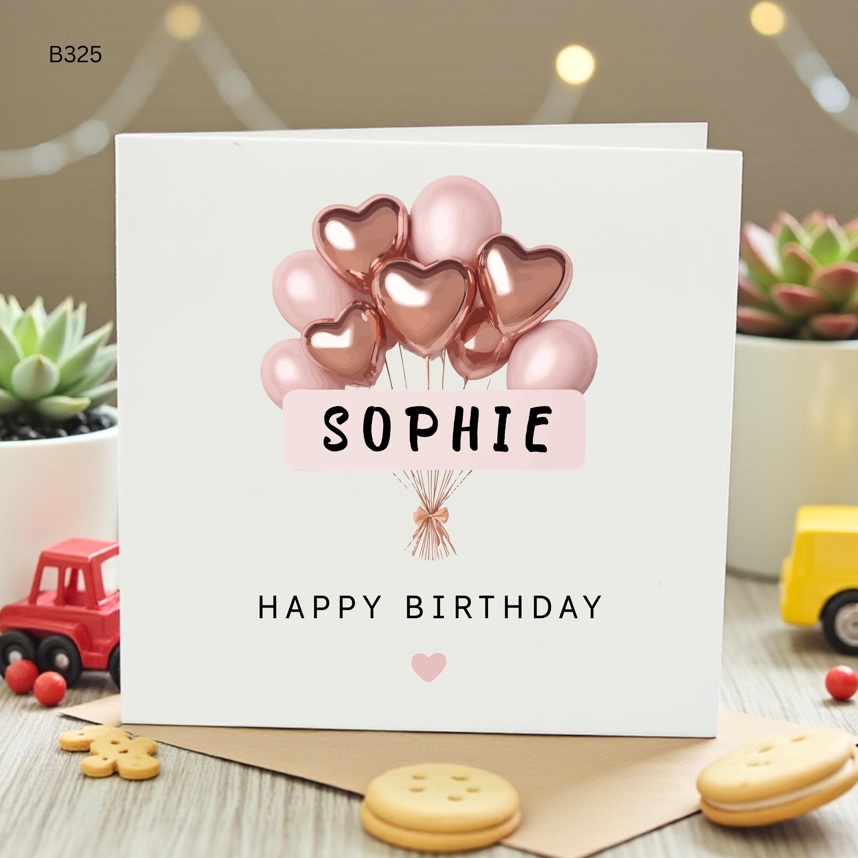 Personalized Rose Gold Birthday Card, Custom Name Heart Balloons Birthday Card for Her, Elegant Greeting Card for Daughter Sister Friend