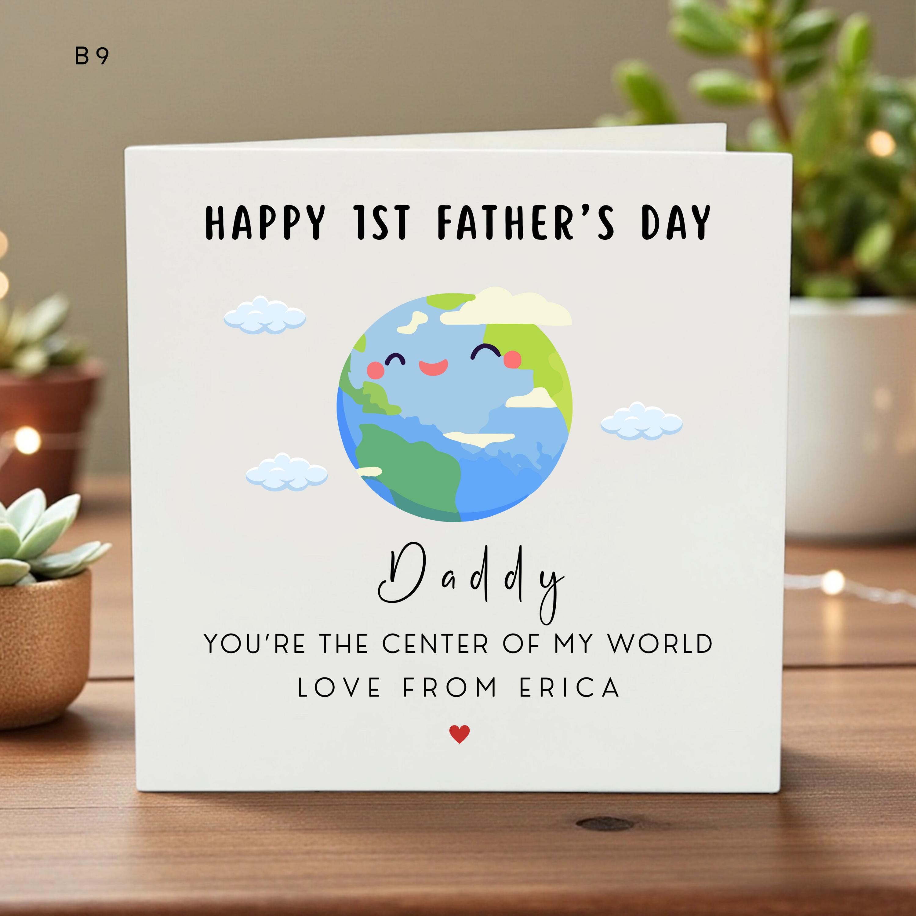 Personalized 1st Father’s Day Card, Cute Globe Cartoon Design, Custom Daddy Gift, Kids Love Message, Unique Baby Card for Dad
