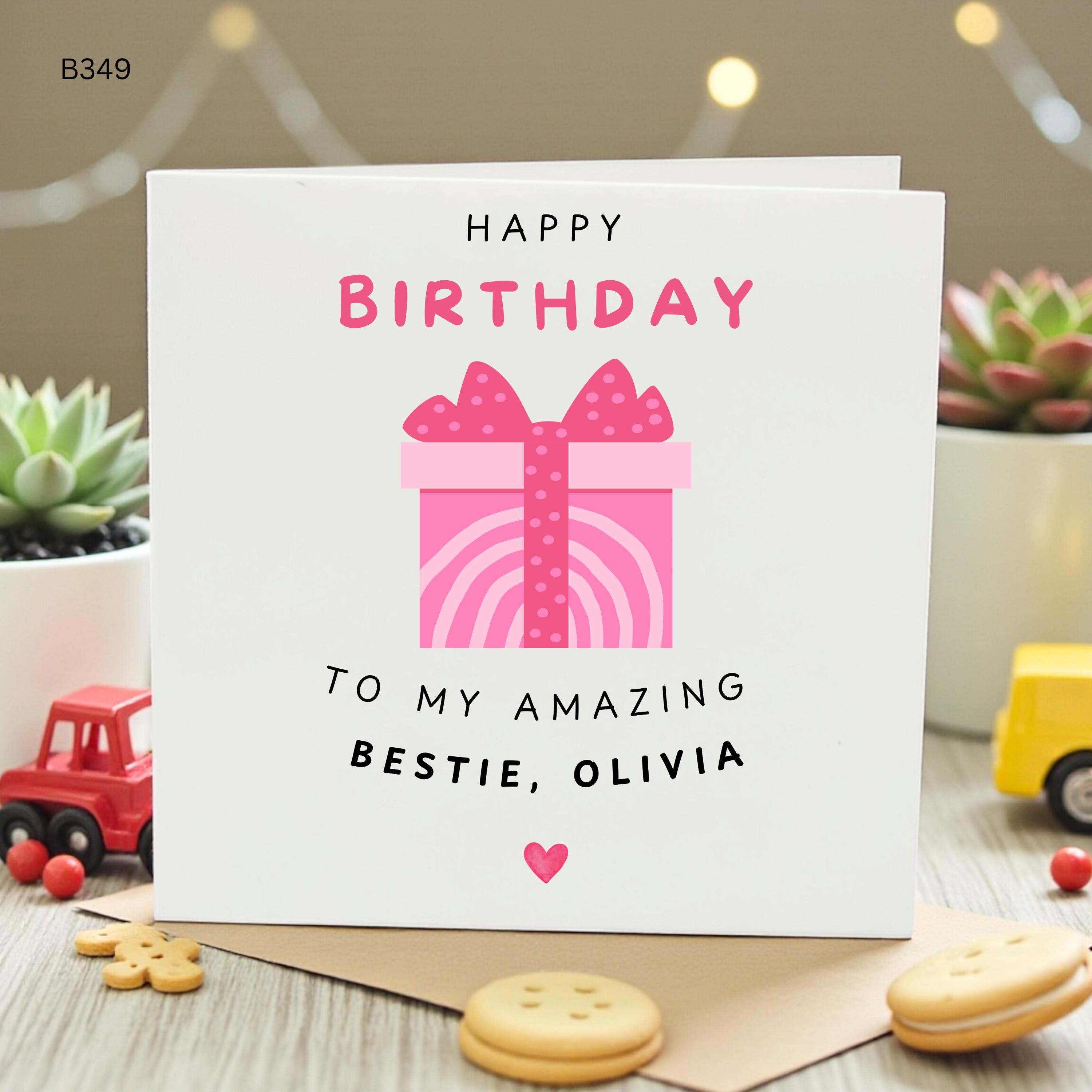 Personalized Bestie Happy Birthday Card, Custom Name Pink Gift Box Birthday Card for Best Friend Sister Daughter Her, Cute Friendship Card