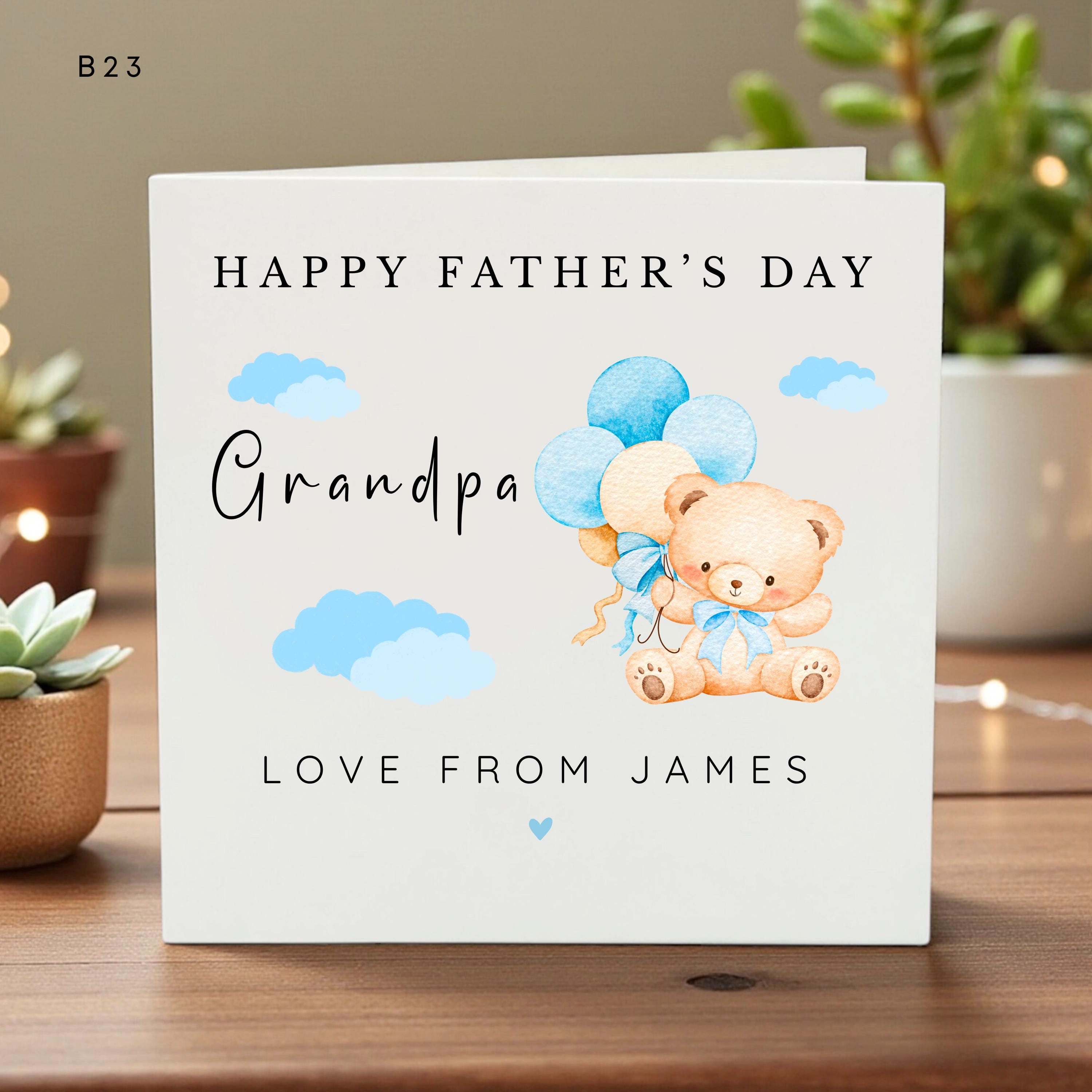 Personalized Grandpa Father's Day Card, Cute Teddy Bear with Balloons, Custom Name Grandpa Gift, Kids Handmade Card, Fun Card