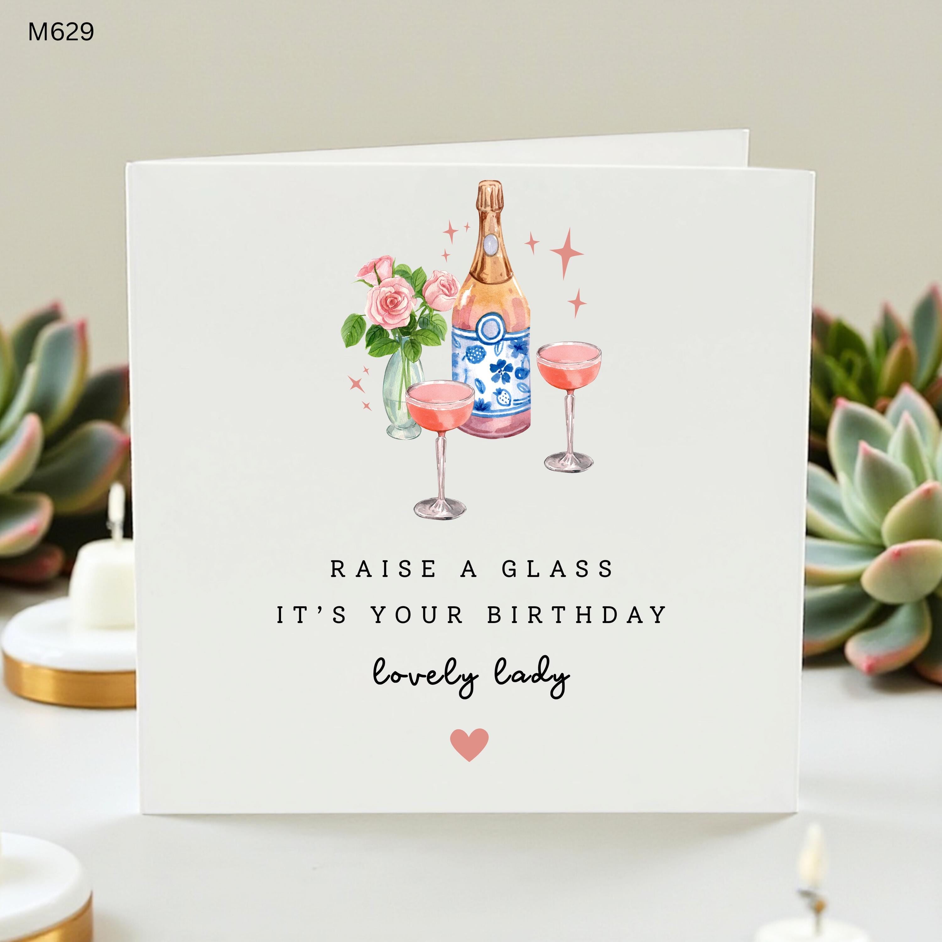 Lovely Lady Birthday Card, Champagne Birthday Card, Cheers to You Card, Cute Birthday Card for Her, Pretty Floral Card, Rose Birthday Gift