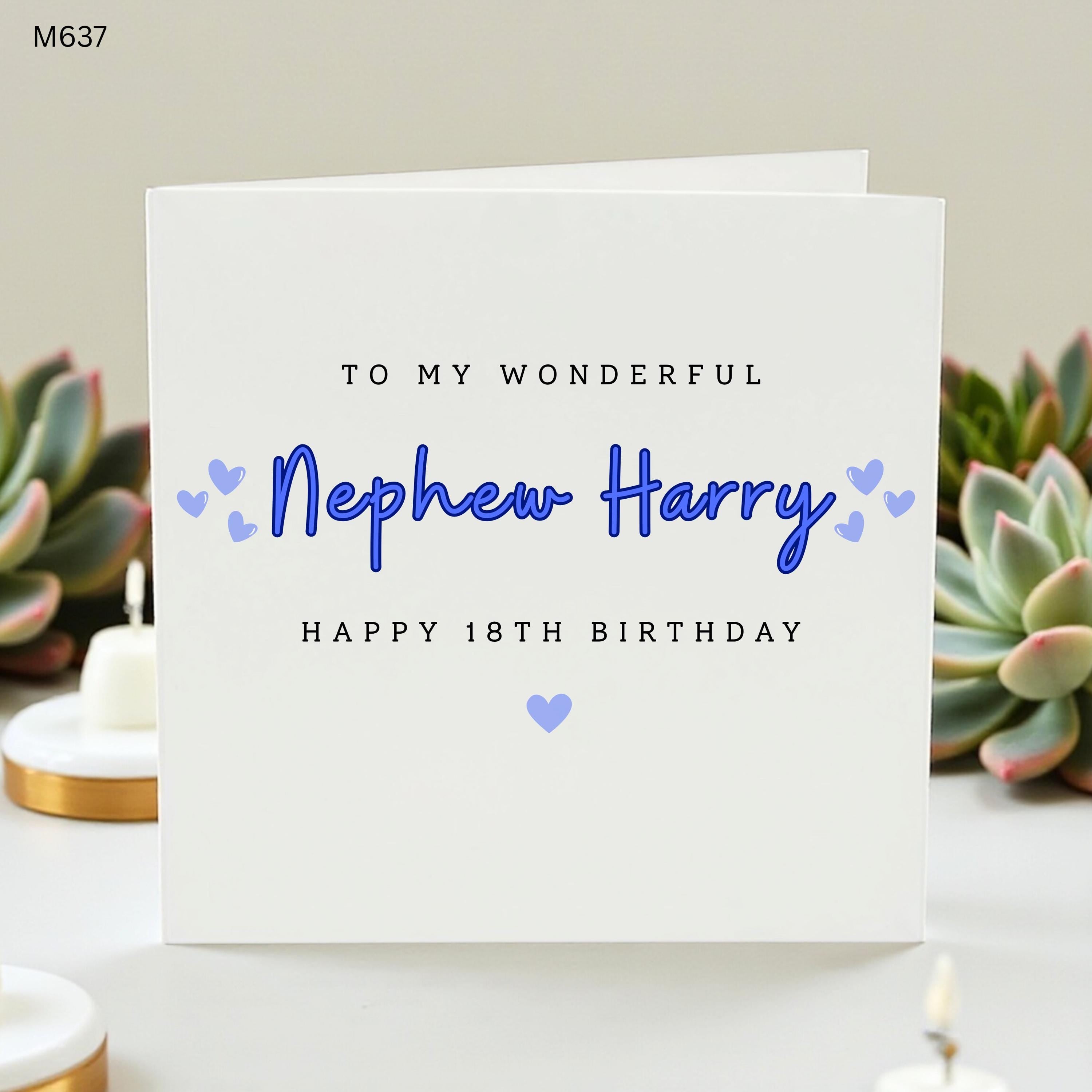 Personalised Nephew 18th Birthday Card, Custom Name 18 Birthday Card for Him, Blue Heart Milestone Card, Wonderful Nephew Gift Harry