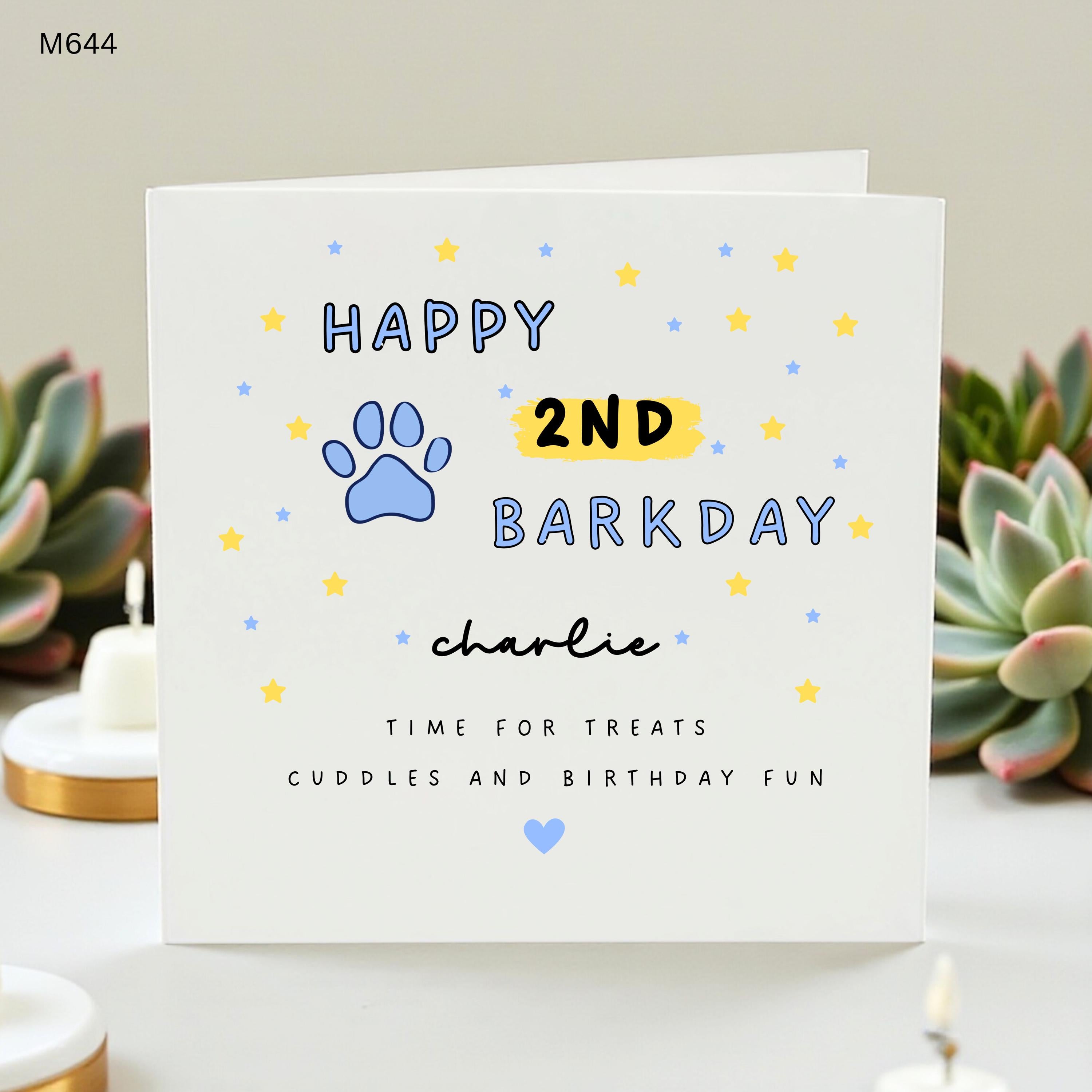 Charlie Personalized Dog Birthday Card, Custom Name Happy 2nd Barkday Card, Cute Dog Paw Print Greeting Cards, Star Theme Pet Lover Gift