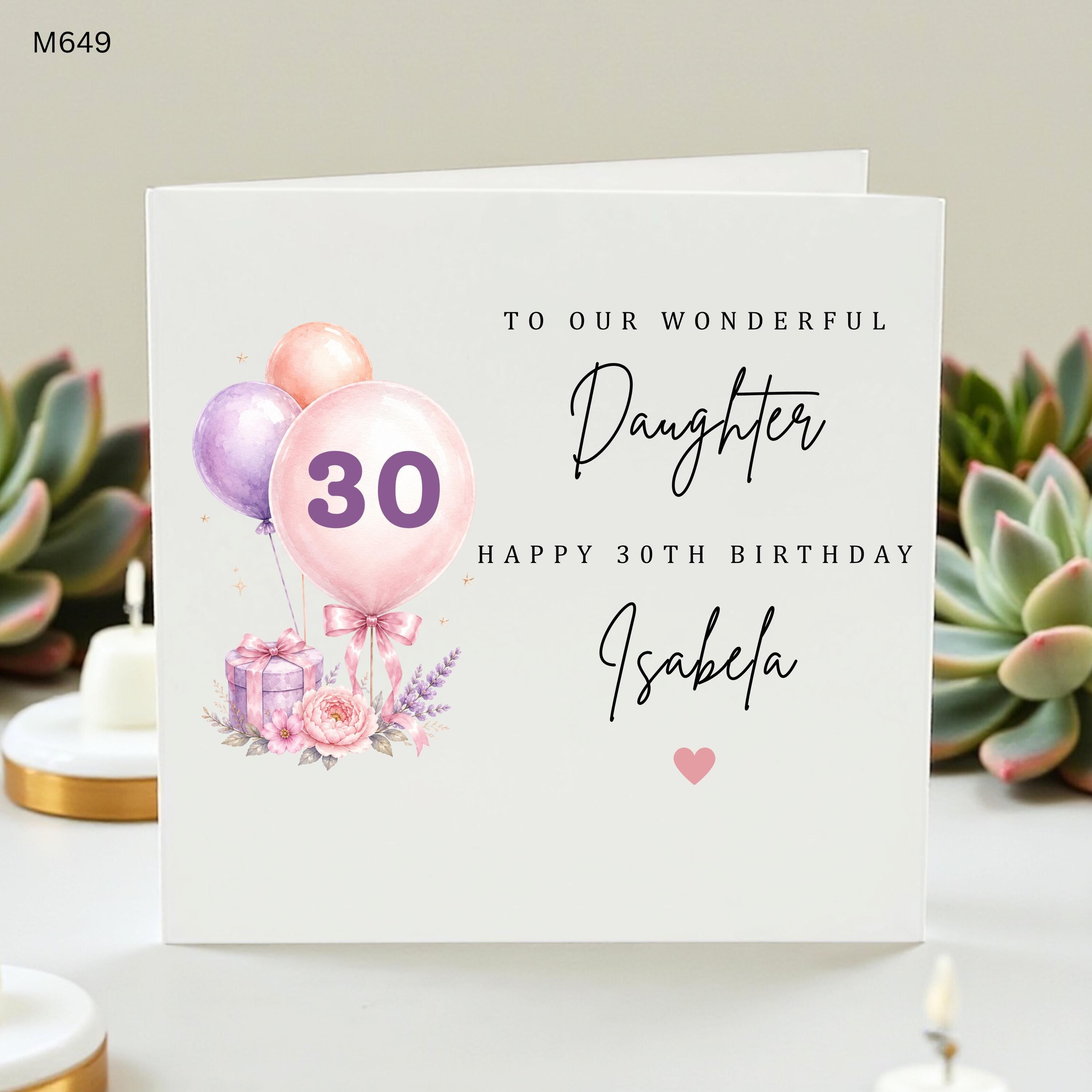 Personalised 30th Birthday Card Daughter, Custom Name Isabela, Watercolor Balloons Milestone Birthday Card for Her, Wonderful Daughter Card
