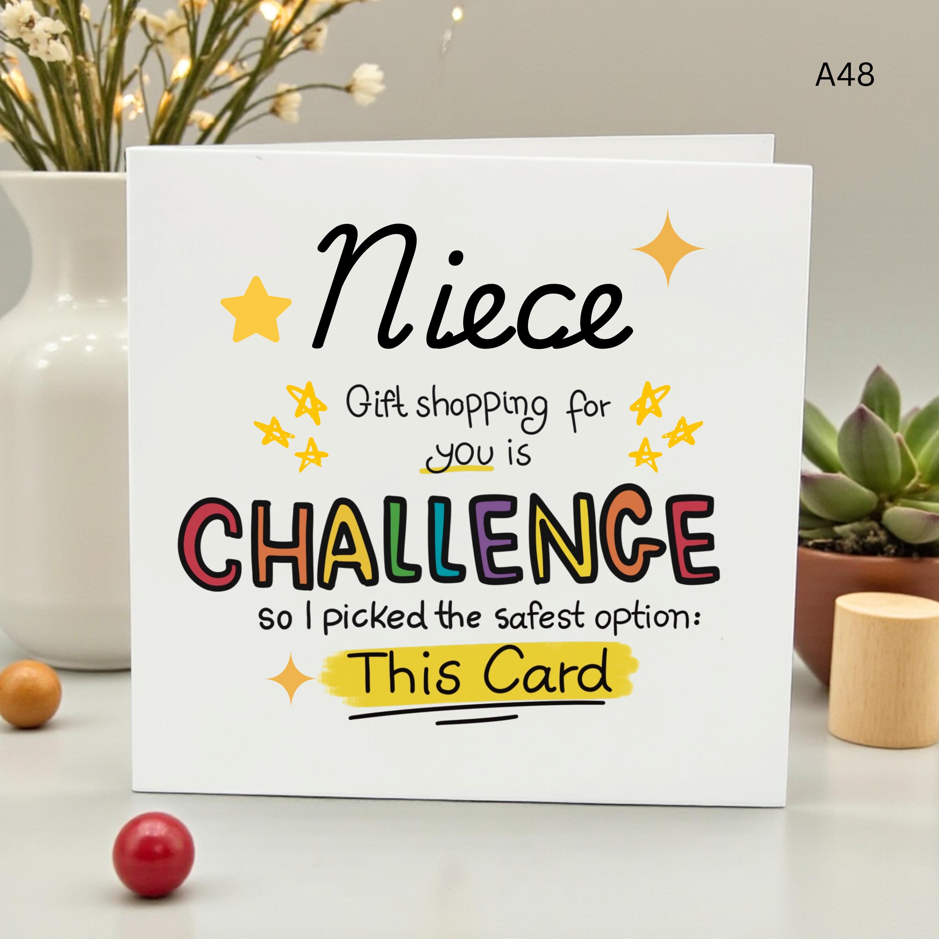 Funny Niece Birthday Card, Gift Shopping is a Challenge Safest Option Greeting Card from Aunt or Uncle, Sarcastic Card for Teenage Niece