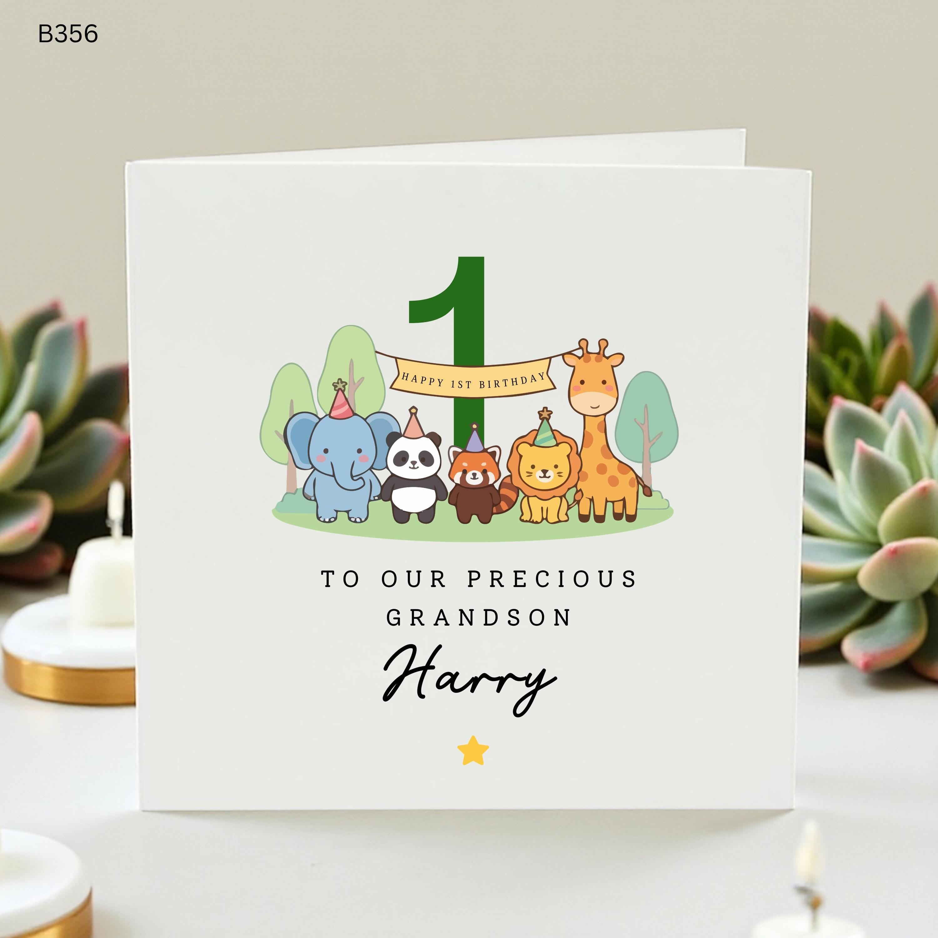 Personalized 1st Birthday Card Grandson Harry Custom First Birthday Cards for Boy Cute Jungle Safari Animals Elephant Giraffe Card