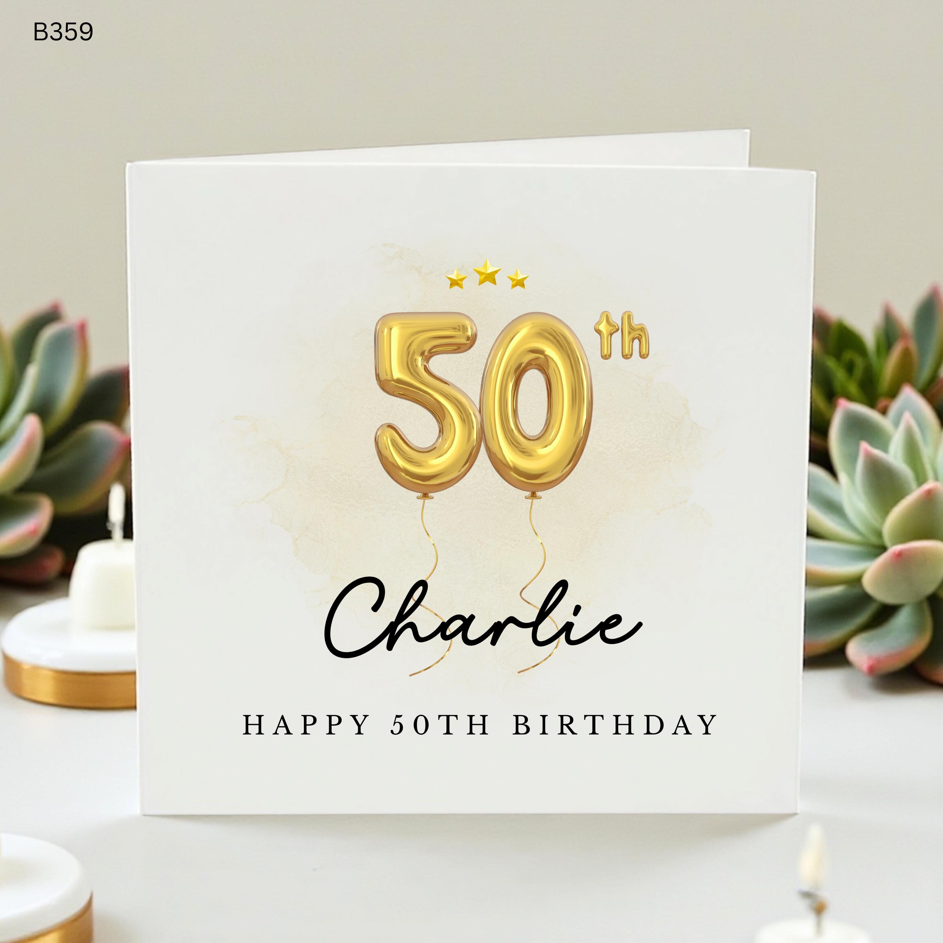 Personalized 50th Birthday Card Custom Name Fiftieth Birthday Cards for Him Her Gold Balloon Numbers Husband Wife Friend Card