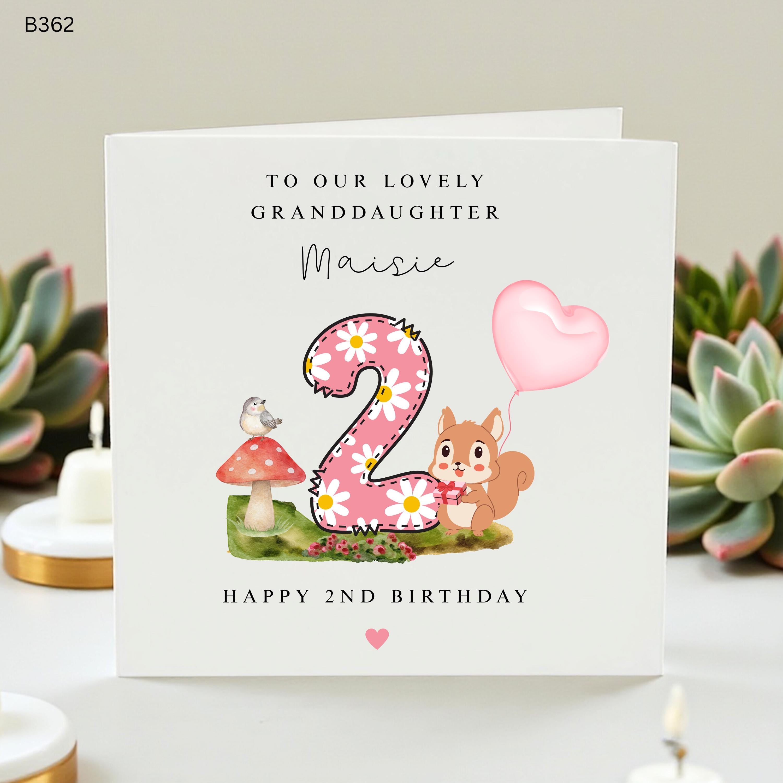 Personalized 2nd Birthday Card for Granddaughter Maisie, Cute Woodland Squirrel and Pink Daisy Number Two Custom Name Card, Second Birthday