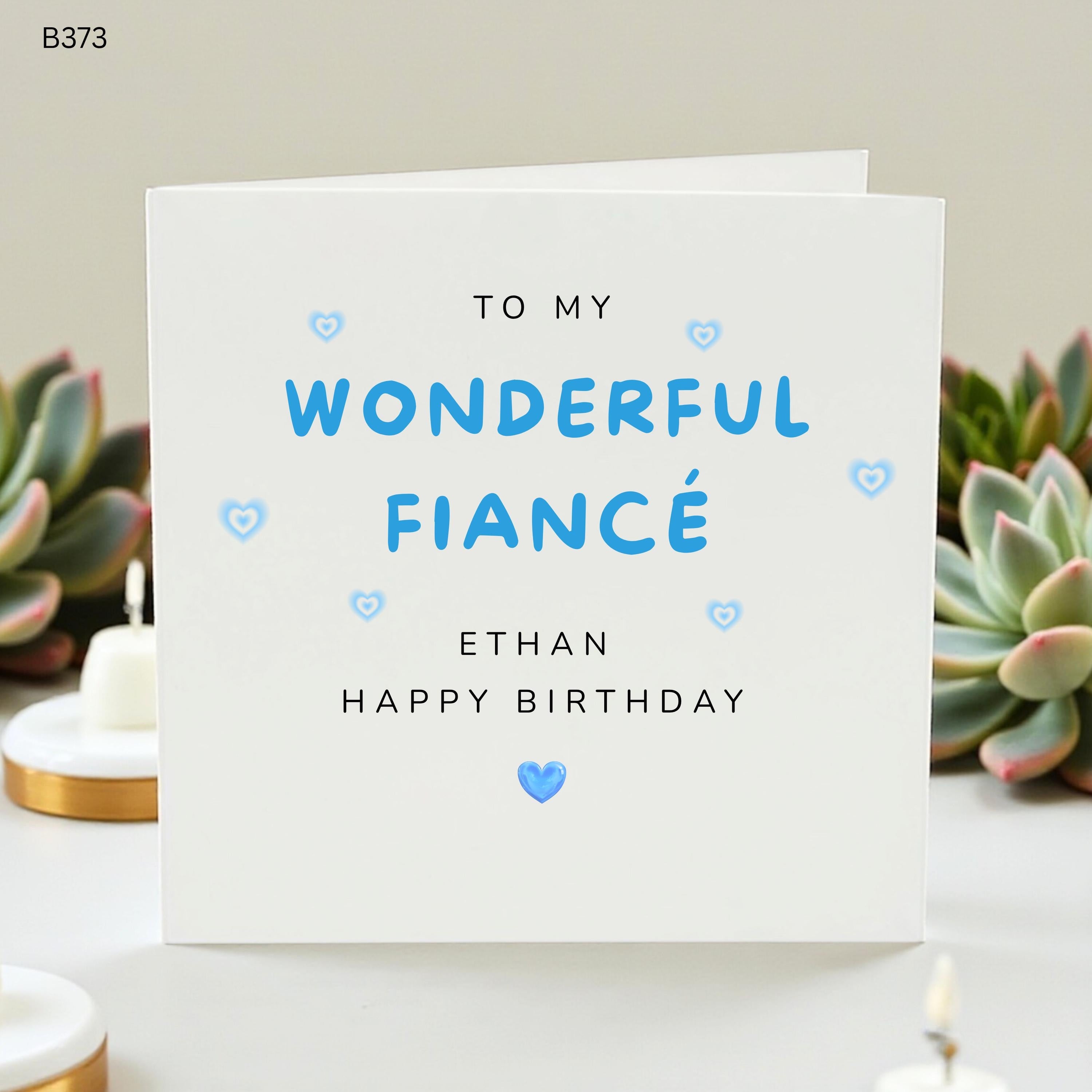 Personalised Fiance Birthday Card Custom Name Ethan Wonderful Fiance Card Husband to Be Birthday Card Cute Blue Hearts Card for Him