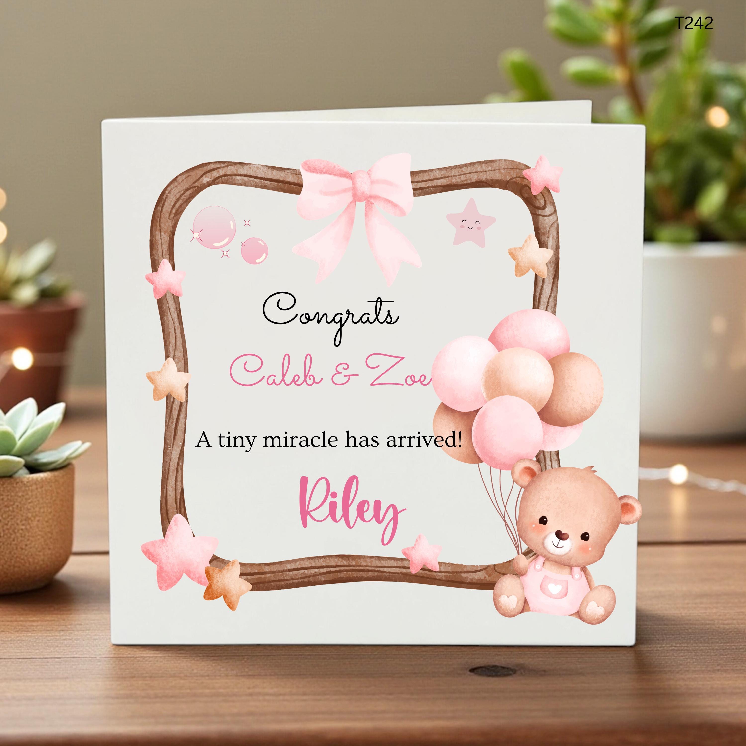 Congratulations New Baby Girl Card–Personalized Baby Announcement Card for Emma and Steven on Birth of Jessica – New Baby Greeting Card