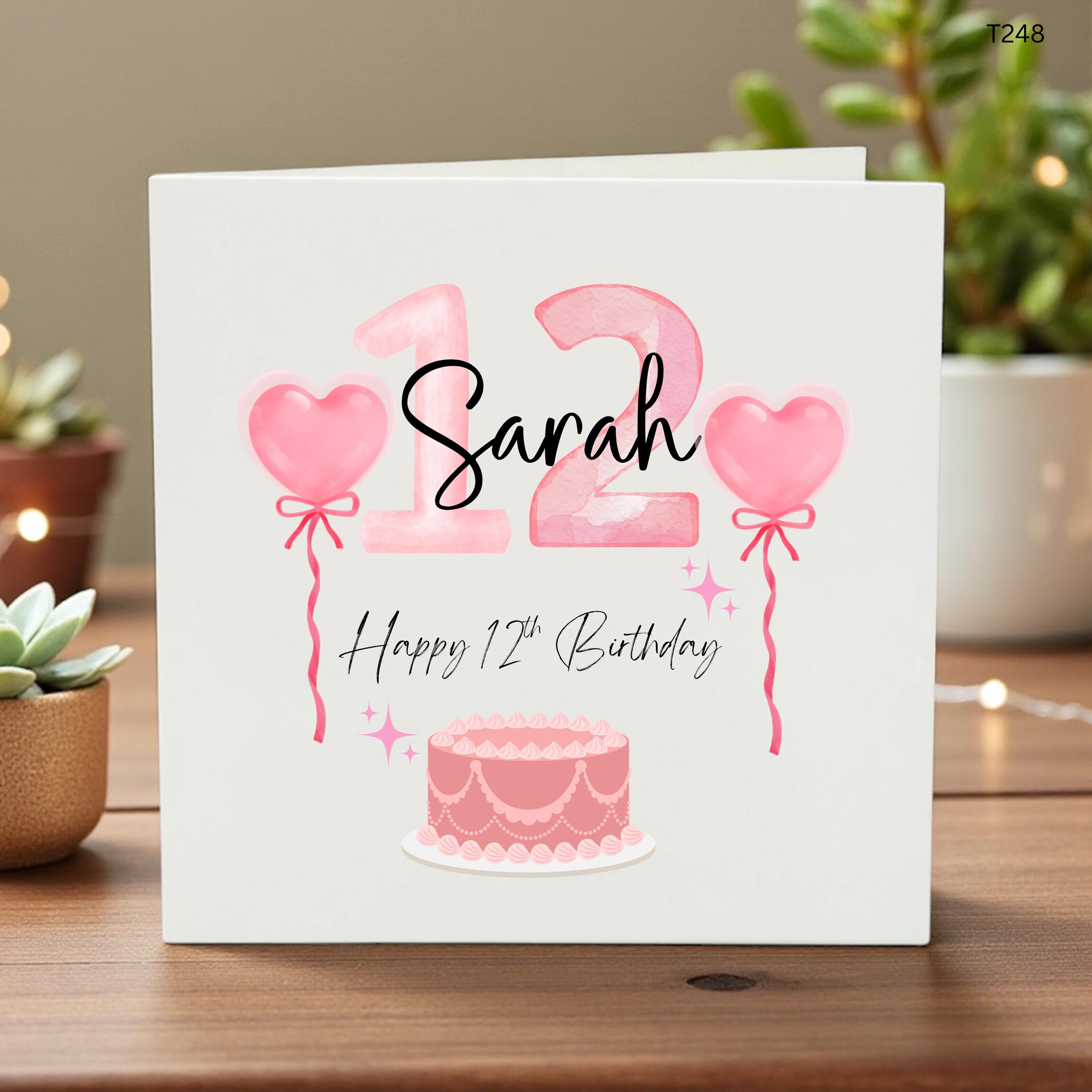 Personalized 12th Birthday Card for Girls, Custom Name Daughter Birthday Card, Pink Watercolor Birthday Card, Happy 12th Birthday