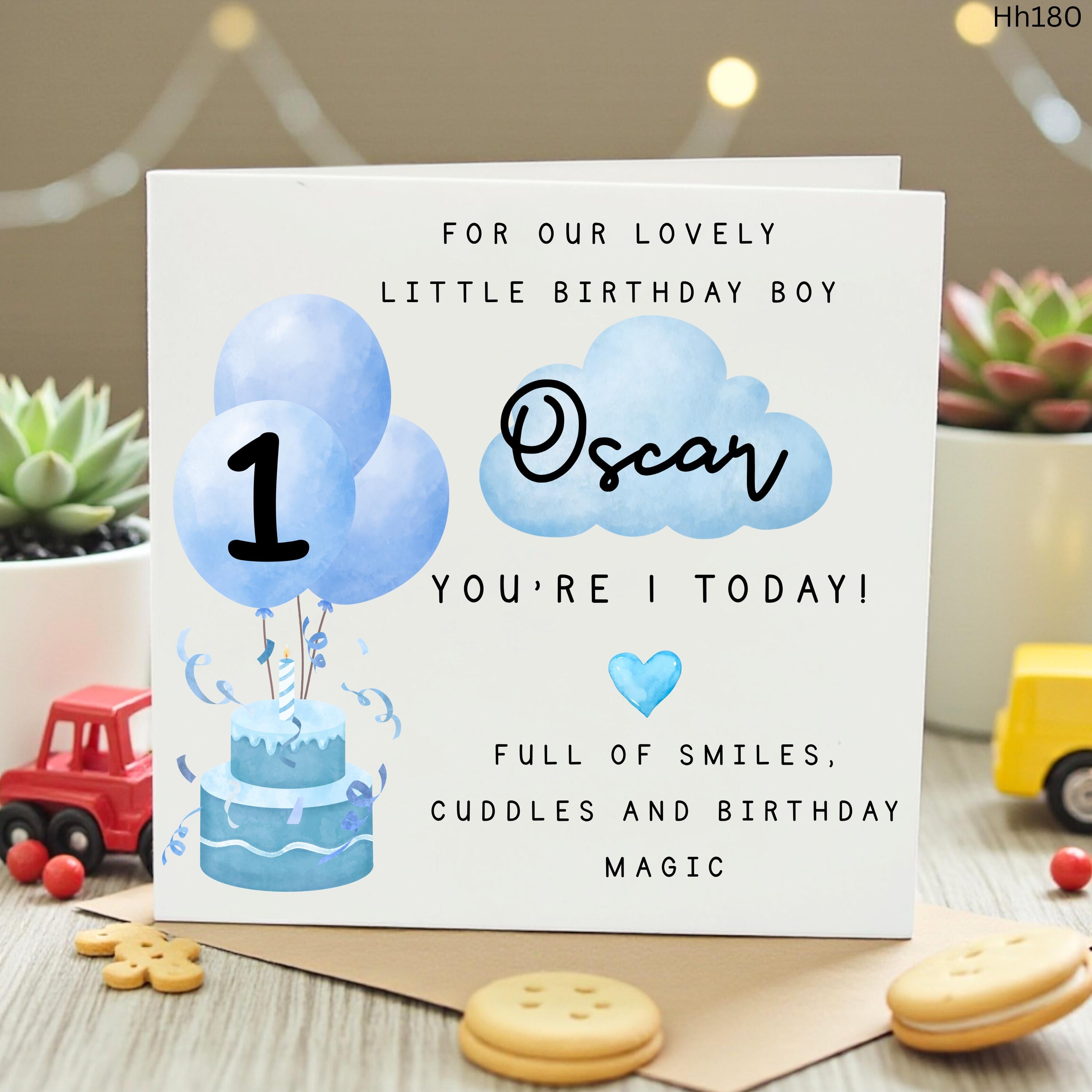 Personalized 1st Birthday Card for Boy, Custom First Birthday Card , Blue Balloon Cake Cloud Card for Son Grandson Nephew, Godson 1 Today