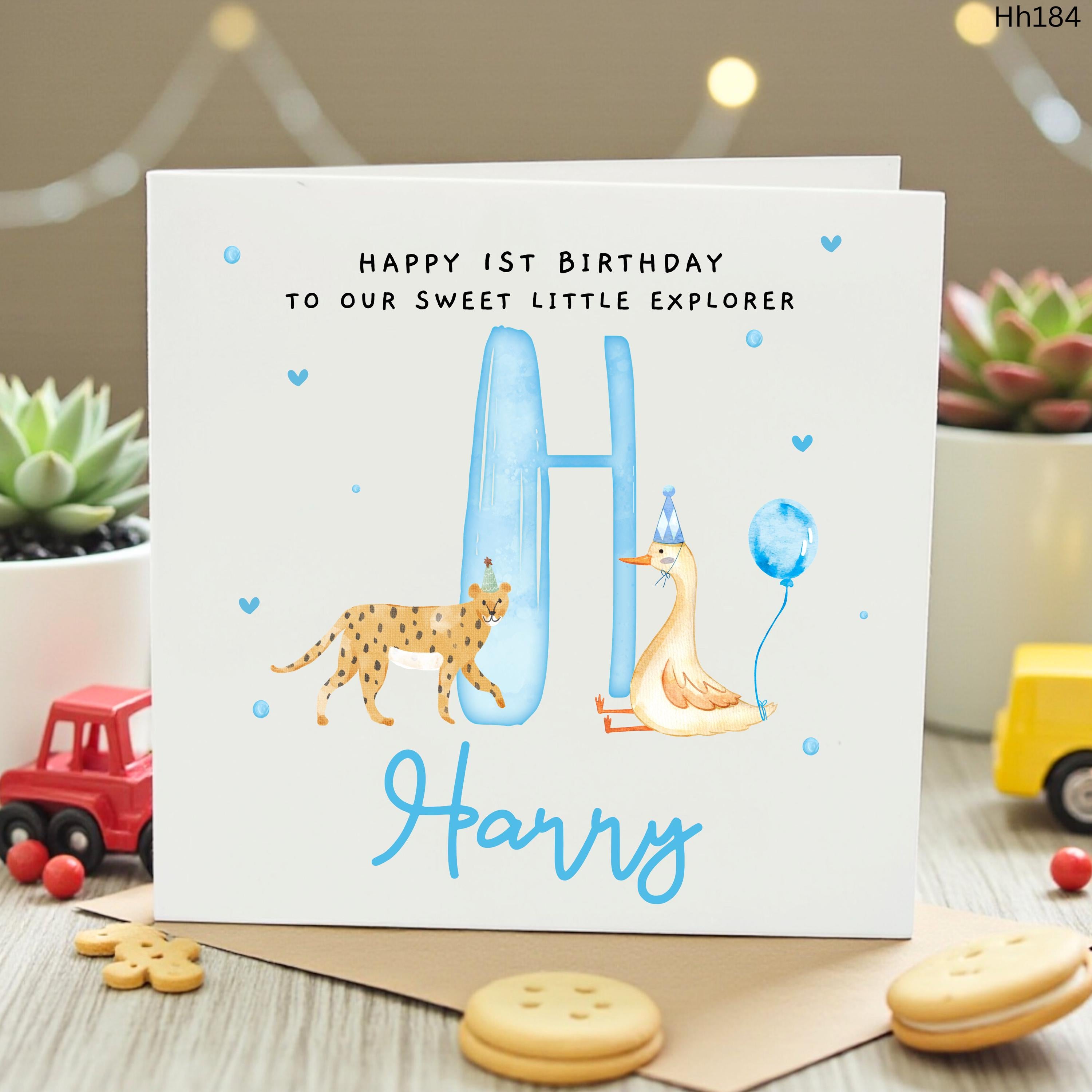 Personalized 1st Birthday Card Boy, Custom Monogram Initial H Card Harry, Safari Cheetah Duck Card for Son Grandson Nephew, Explorer Card