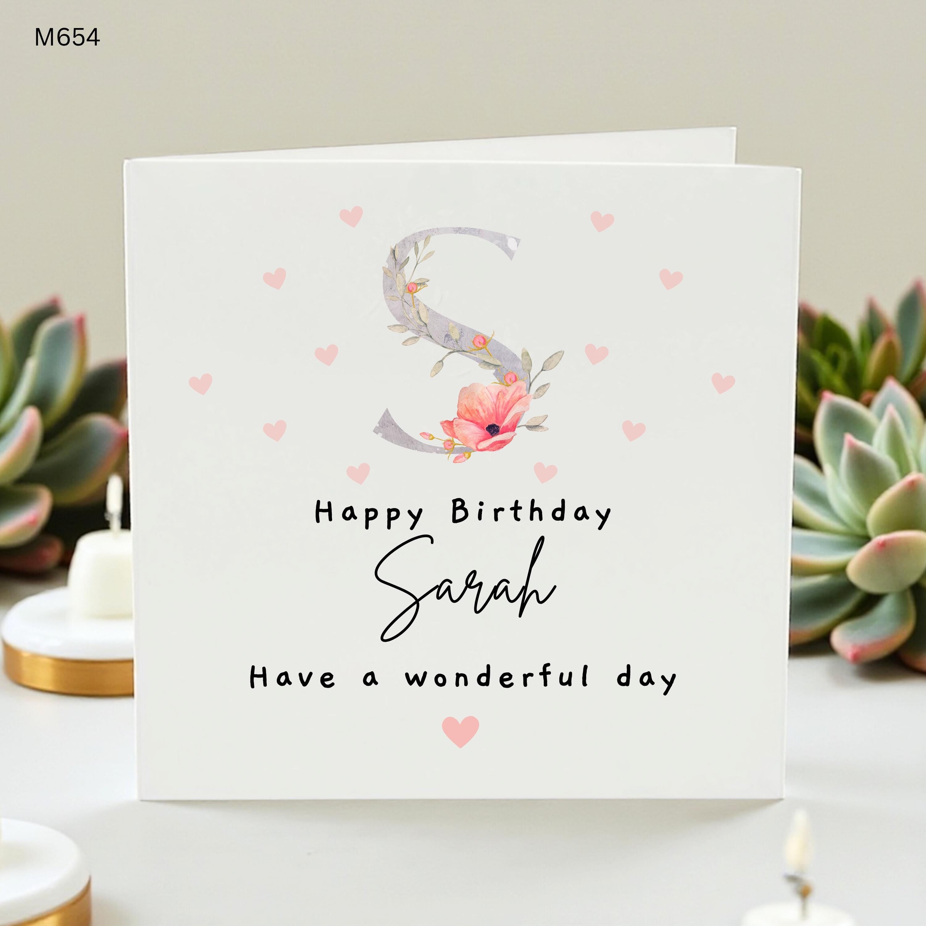 Personalized Birthday Card for | Custom Floral Initial S Card for Her | Watercolor Flower Card with Hearts, Have a Wonderful Day