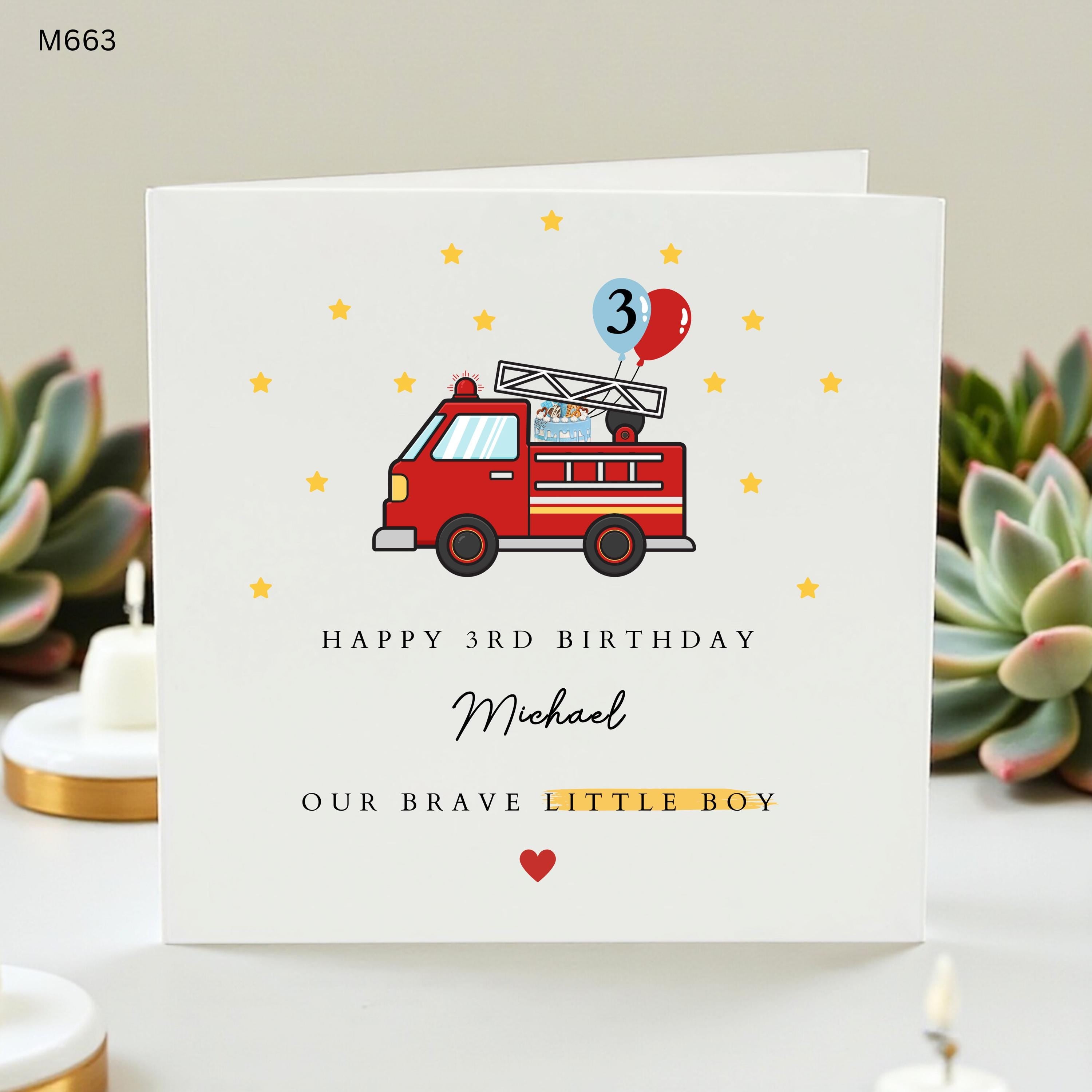 Personalized 3rd Birthday Card Boy | Custom Name Fire Truck Greeting Card | Brave Little Boy Age 3 Card for Son Grandson Nephew