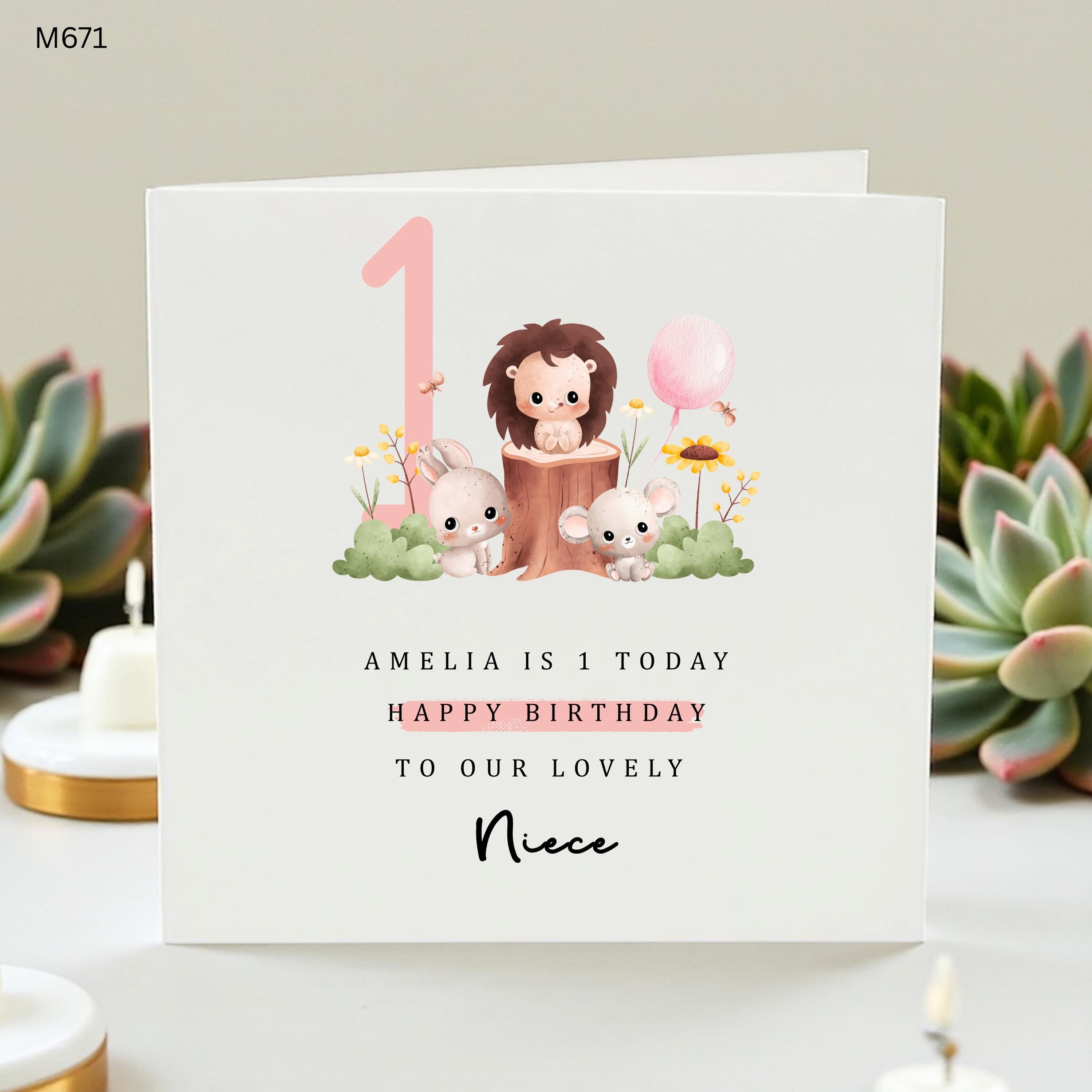Personalised 1st Birthday Card for Niece, Is 1 Today Woodland Animals Card, Cute First Birthday Card, Daughter Granddaughter Pink Card