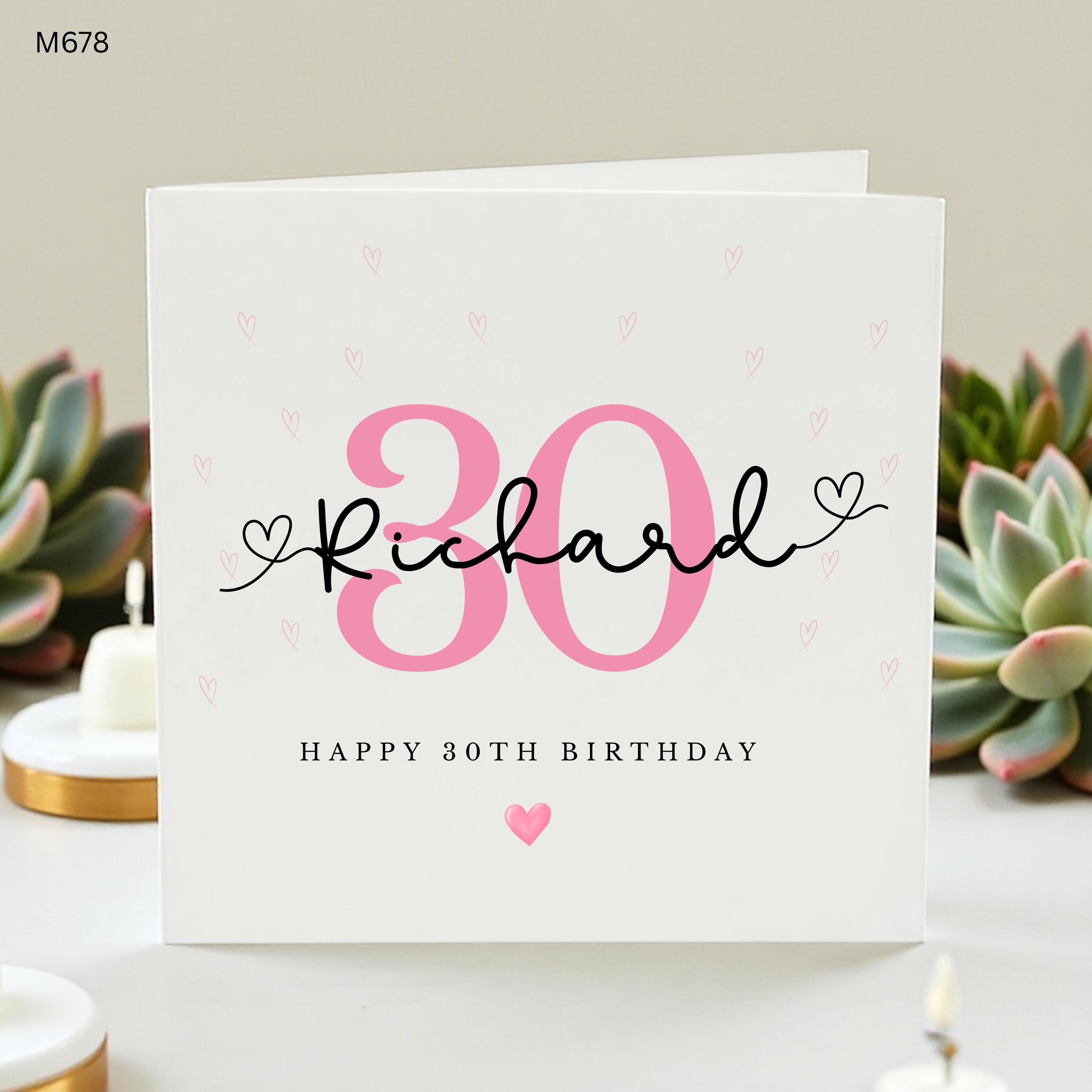 Personalized 30th Birthday Card for Richard, Custom Name Happy 30th Birthday Card, Milestone Thirty Birthday Gift for Him, Pink Hearts Card