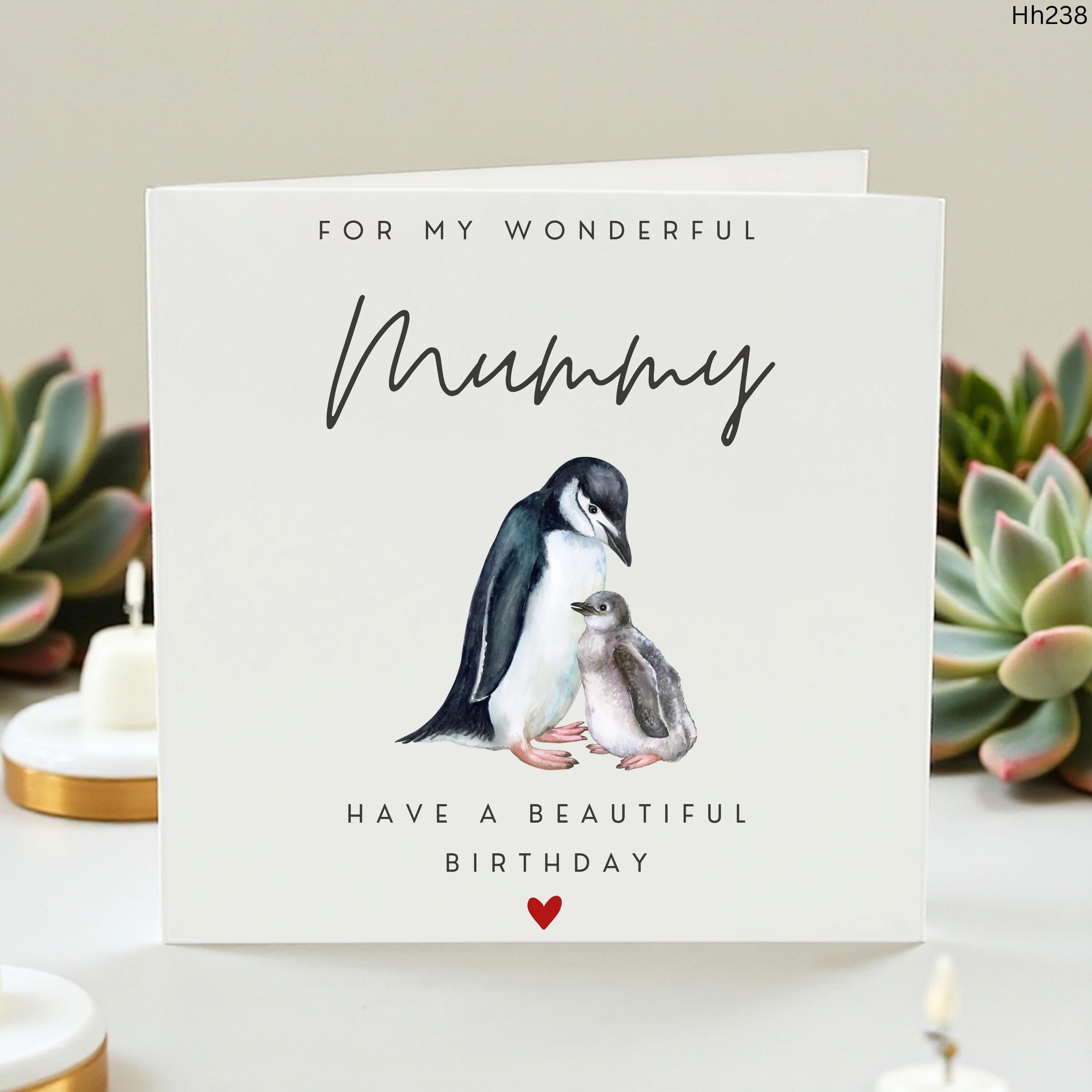 Cute Penguin Birthday Card for Mummy, Wonderful Mom Birthday Card, Watercolor Penguin Greeting Card for Her, Beautiful Birthday Gift