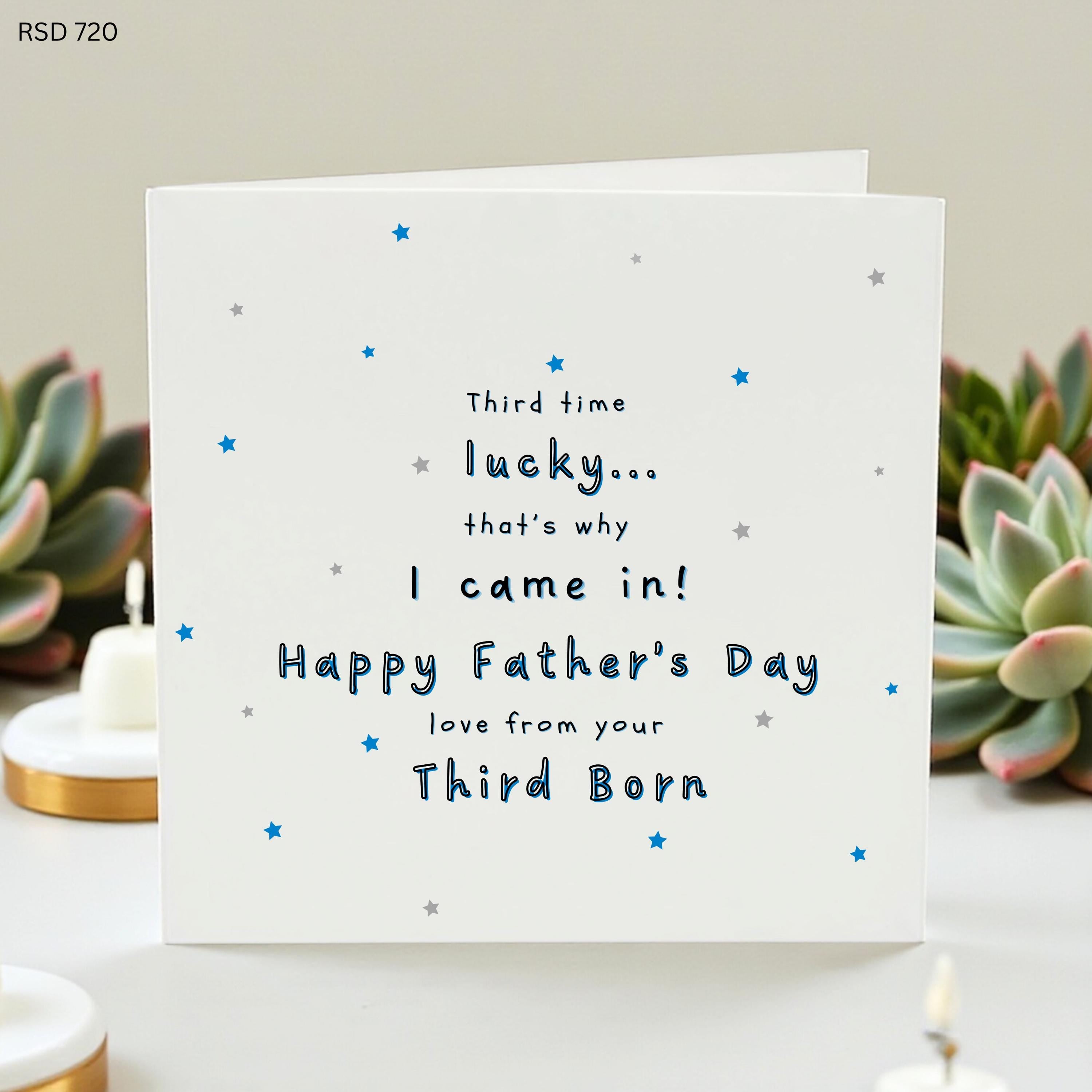 Funny Third Born Father’s Day Card, Third Time Lucky Dad Card, From Third Child, Son Daughter Card, Cute Stars Daddy Card