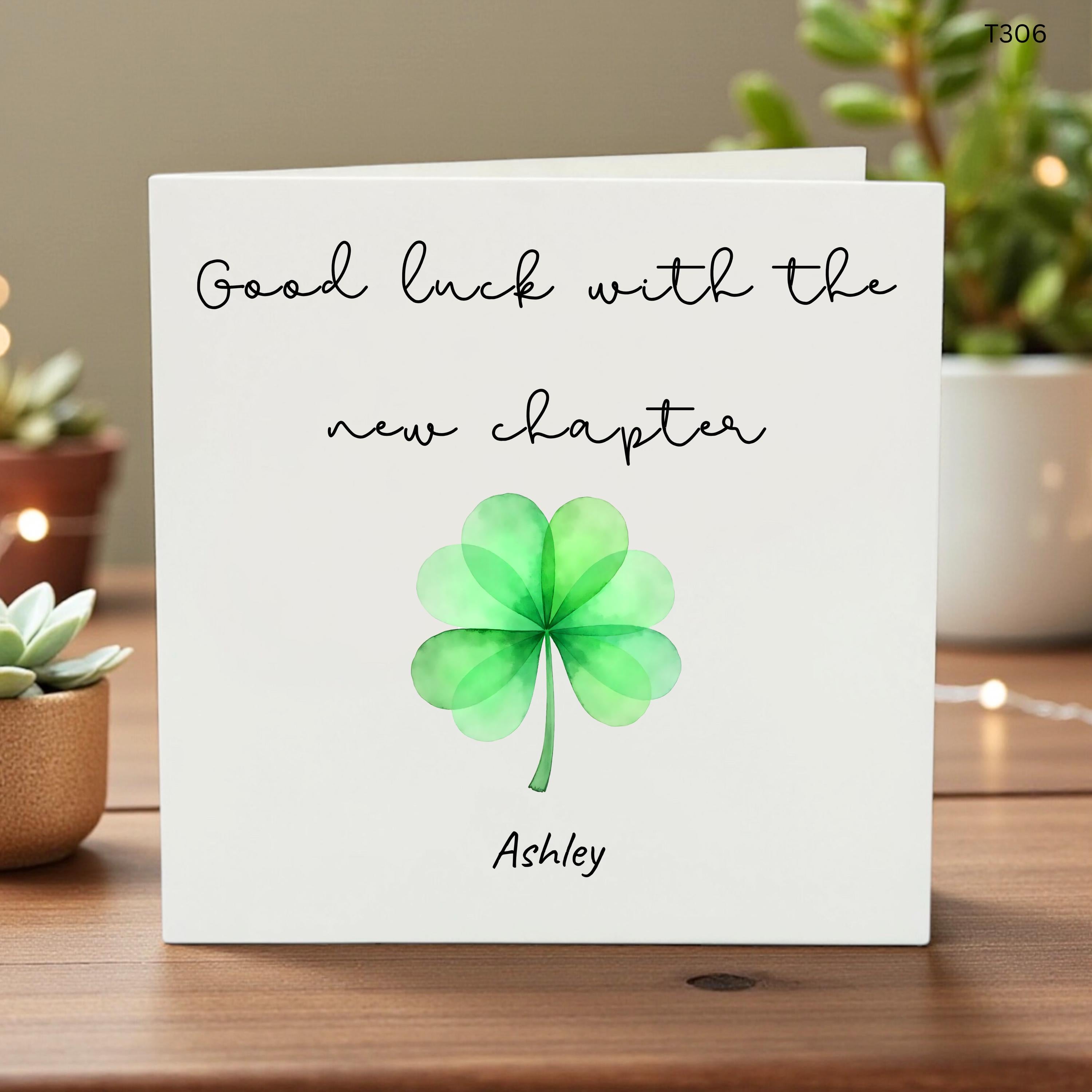 Personalized Good Luck Card, Custom Name New Chapter Card, Four Leaf Clover Lucky Card, New Job Leaving Card, University Send Off Card